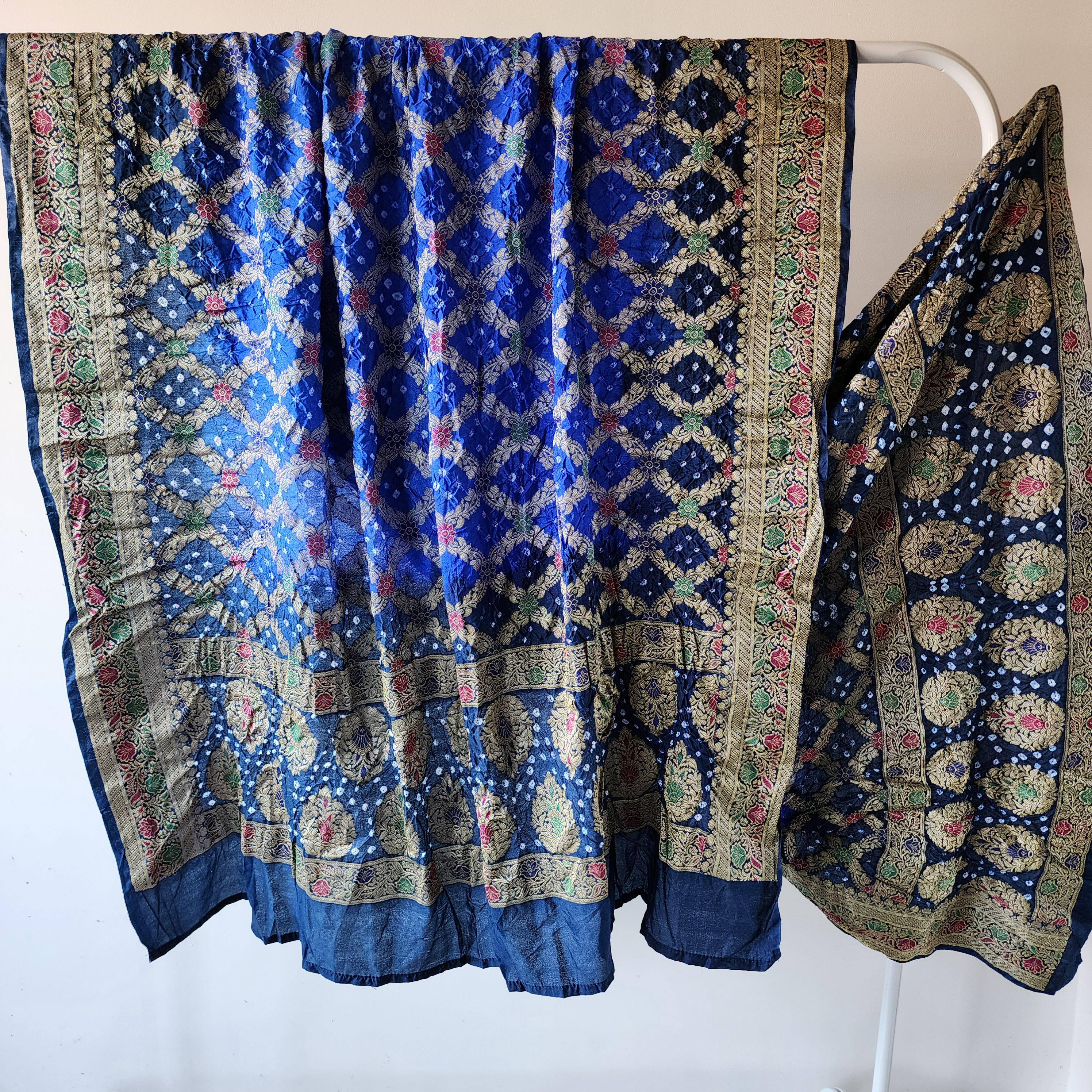Dual-toned Royal Blue & Navy Bandhni dupatta with Banarasi Meenakari work