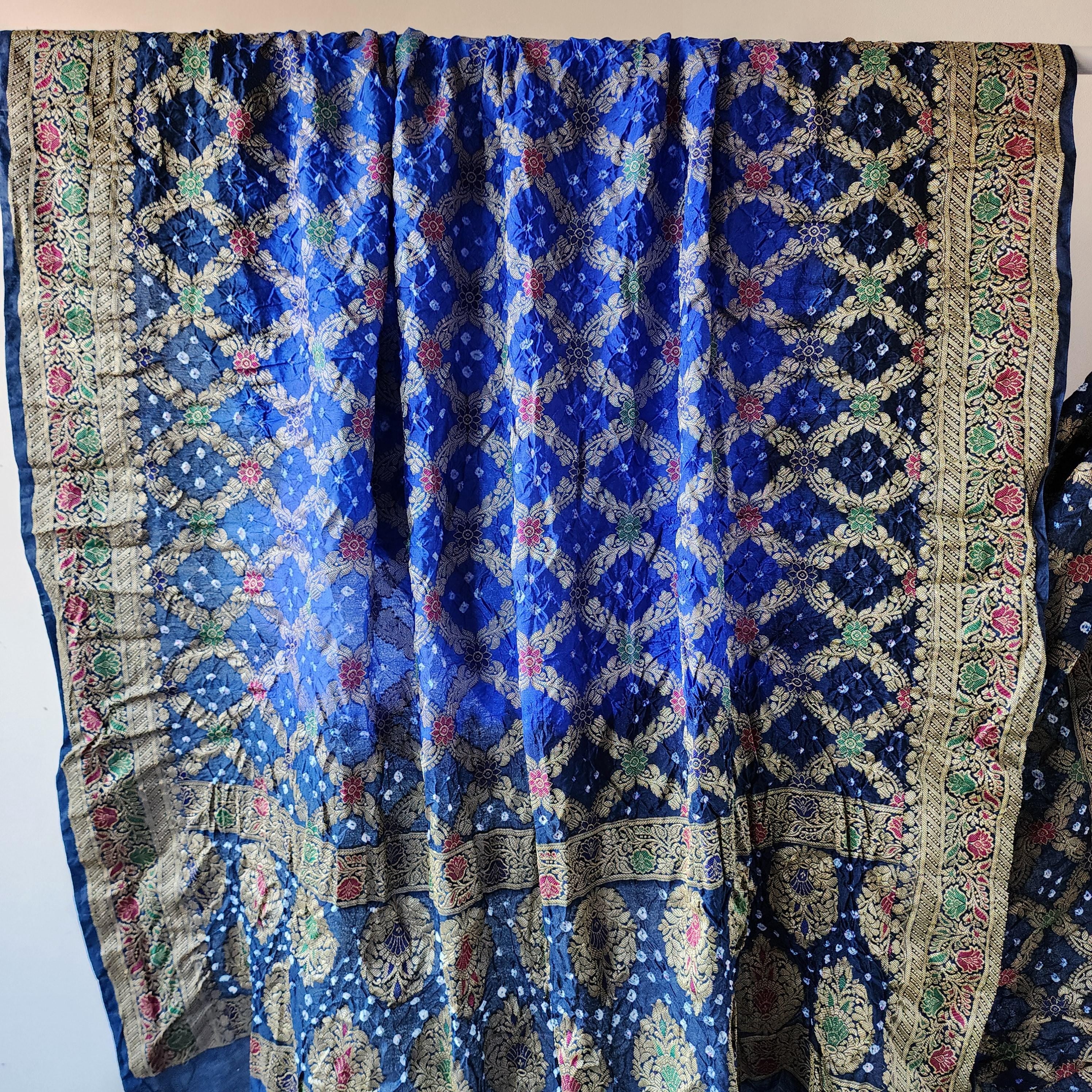 Dual-toned Royal Blue & Navy Bandhni dupatta with Banarasi Meenakari work