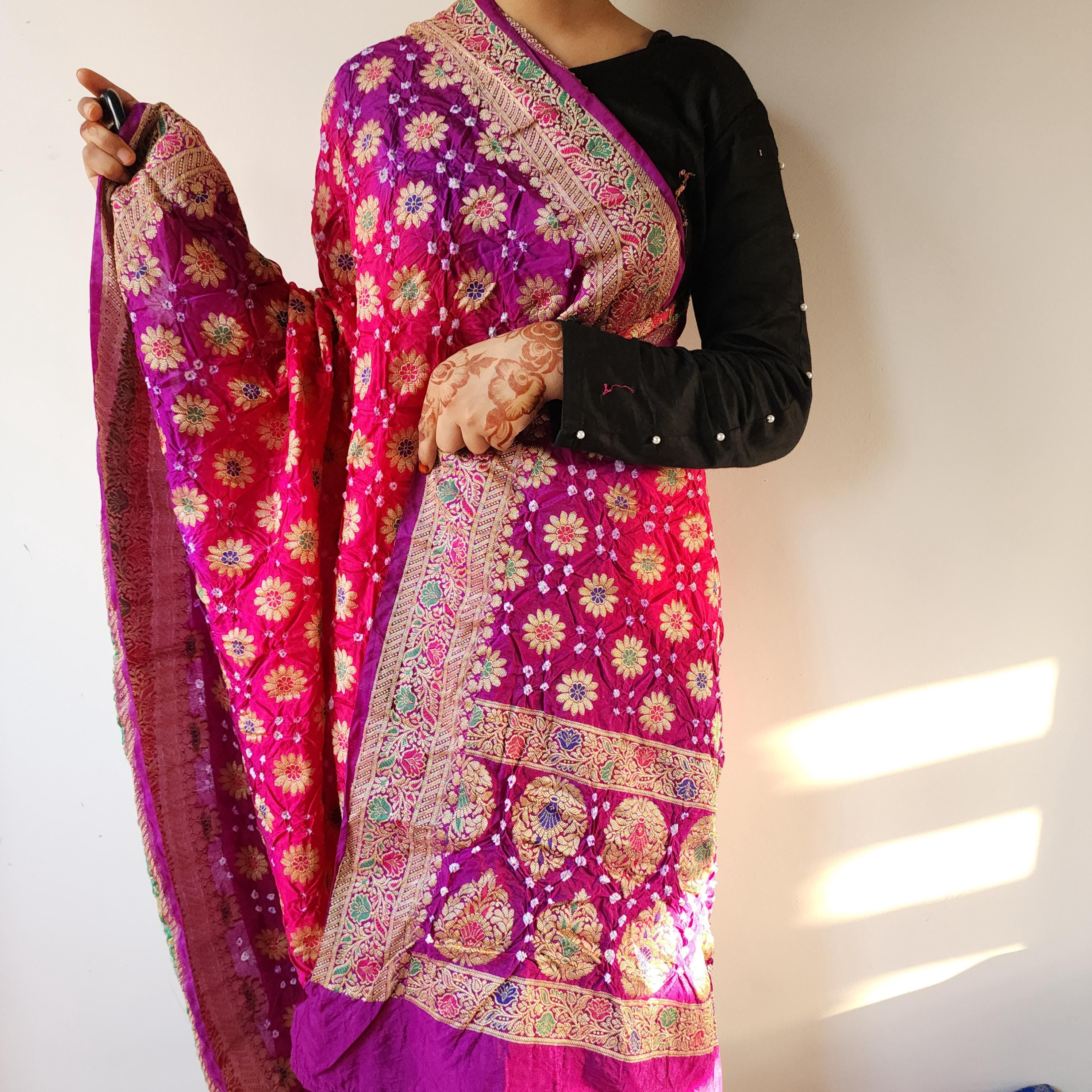 Rani Pink Bandhni dupatta with Purple Border & Banarasi Meenakari work