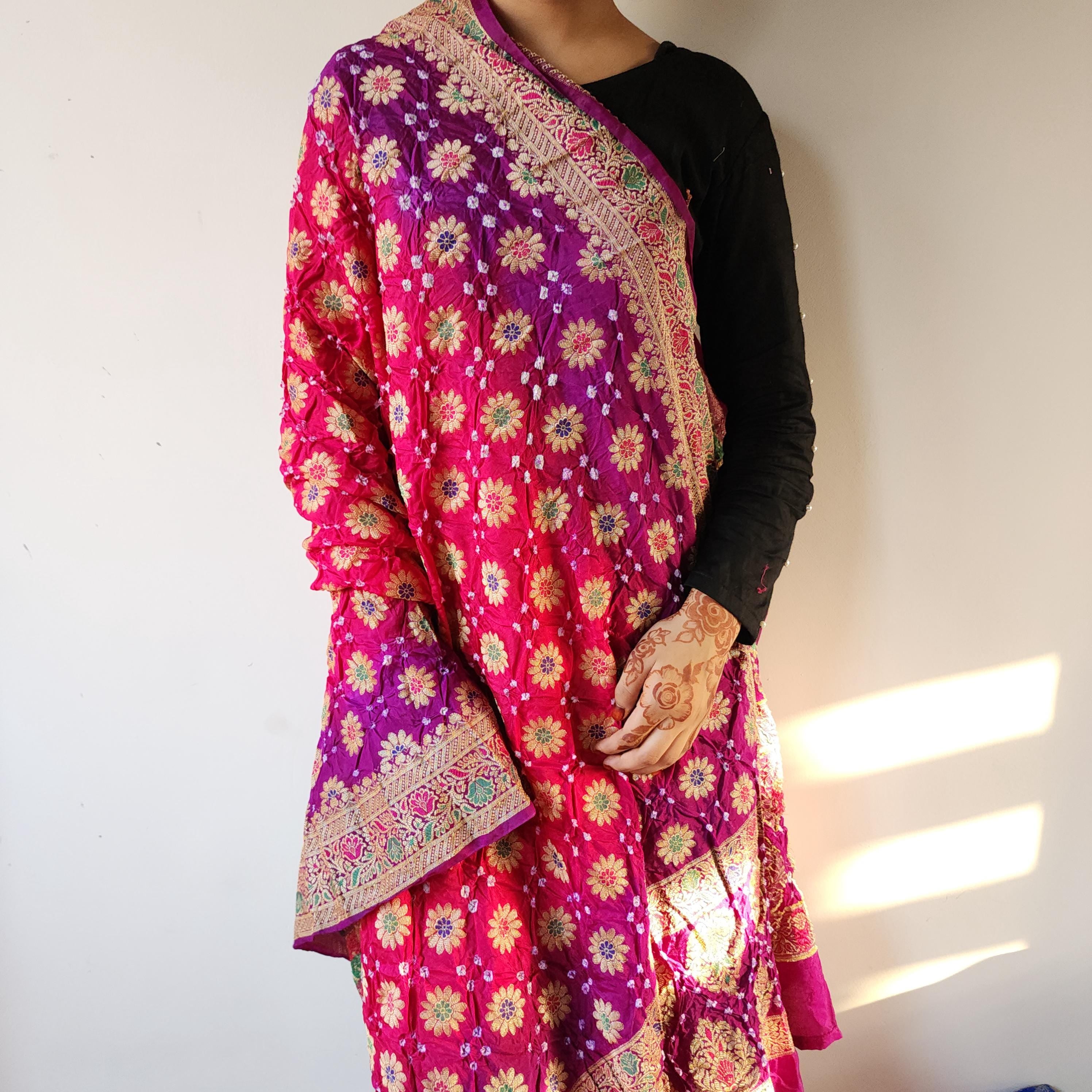 Rani Pink Bandhni dupatta with Purple Border & Banarasi Meenakari work