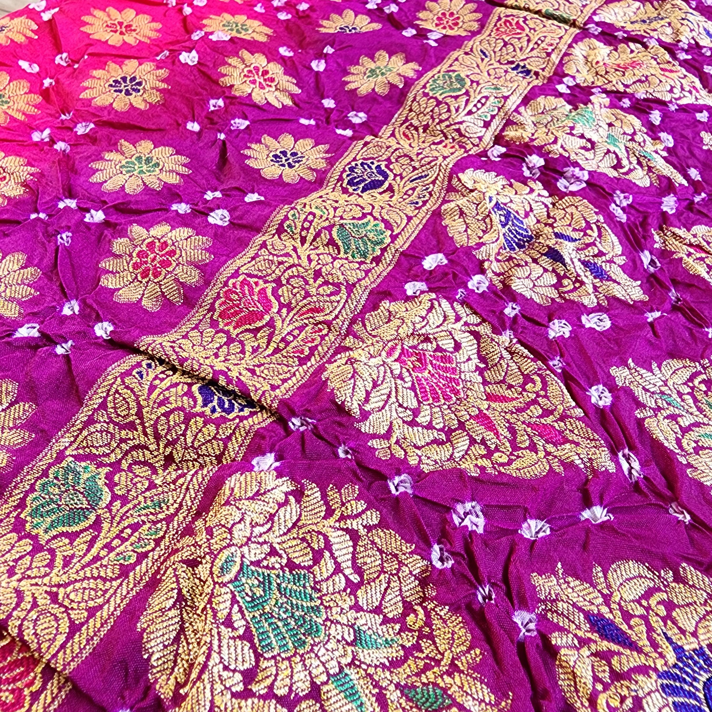 Rani Pink Bandhni dupatta with Purple Border & Banarasi Meenakari work