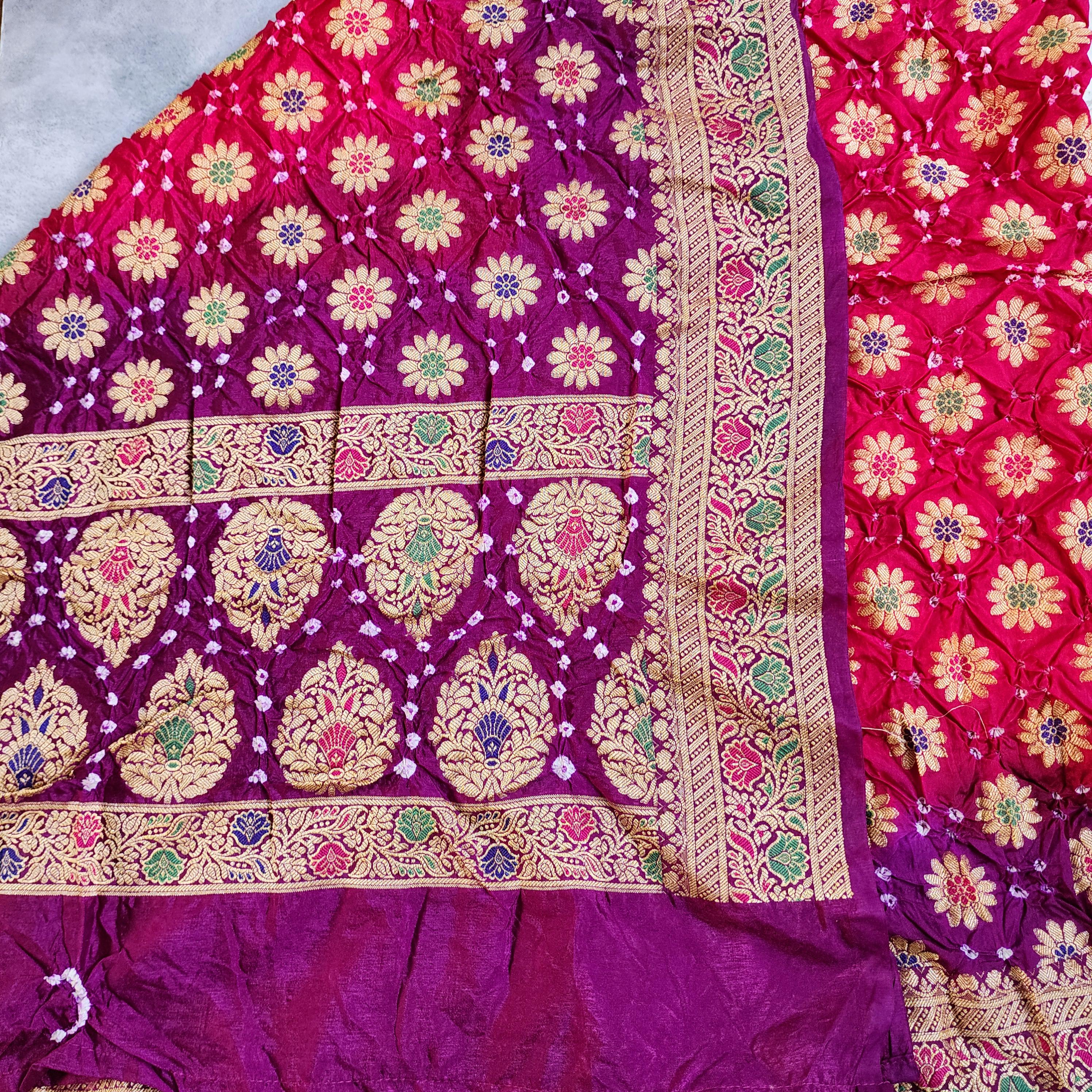Rani Pink Bandhni dupatta with Purple Border & Banarasi Meenakari work