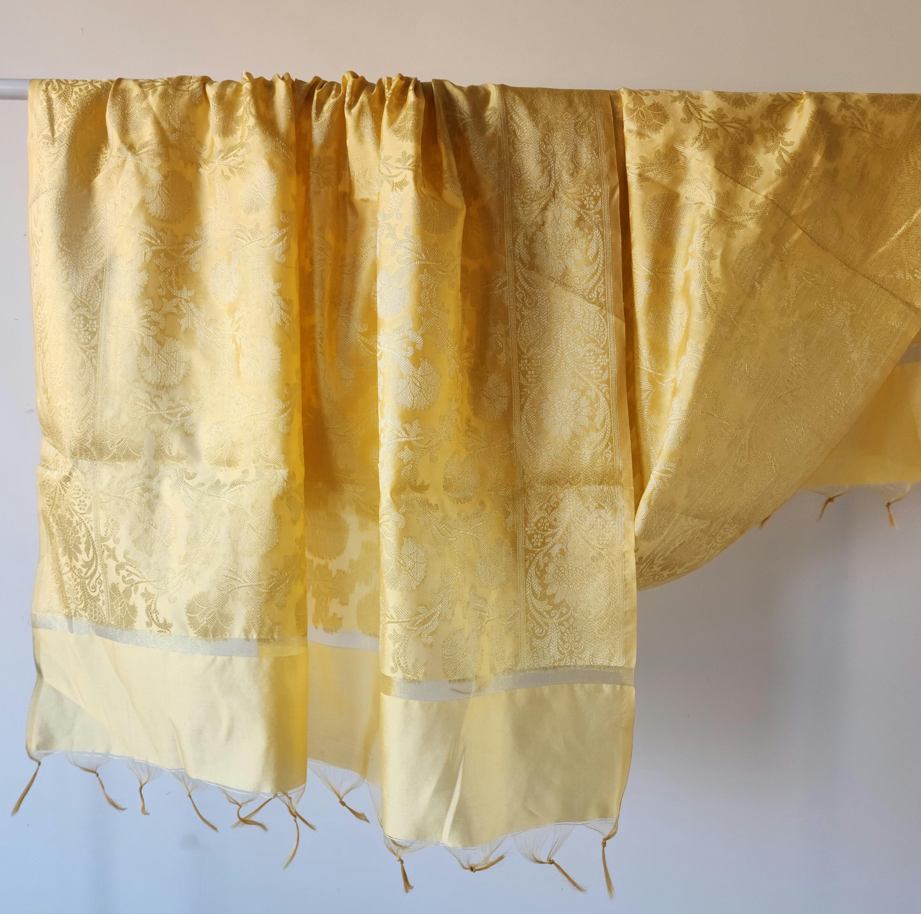 Beige Banarasi Dupatta with Gold Floral Zari Work Elegant & Timeless for Festive and Wedding Wear.