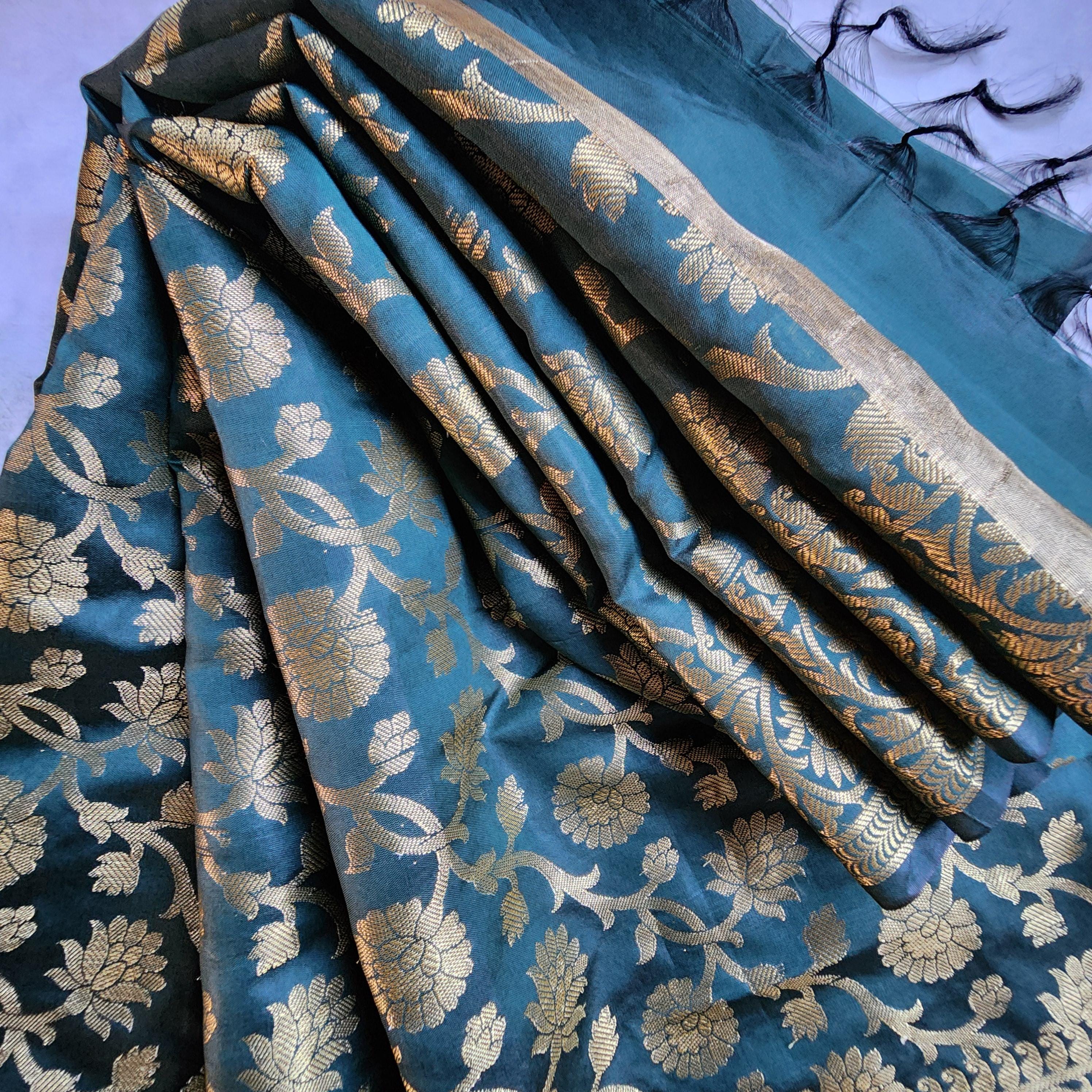 Bottle Teal Green Banarasi Silk Dupatta with Floral Kairi Border
