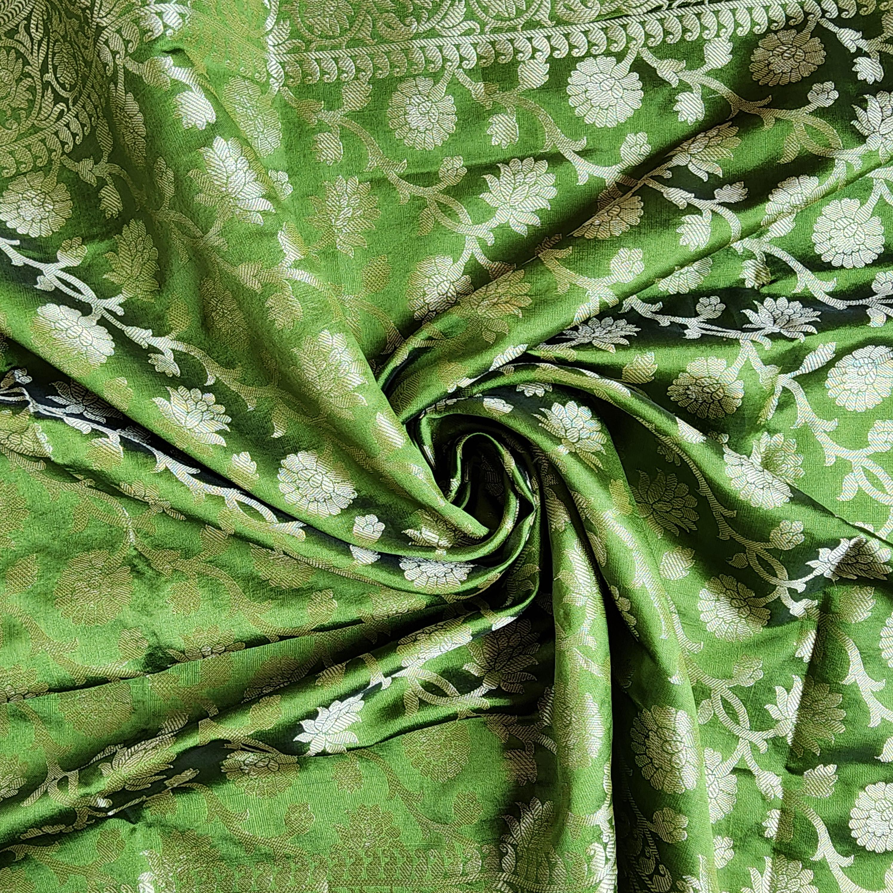 Mehendi Green Banarasi Silk Dupatta with Floral Kairi Border