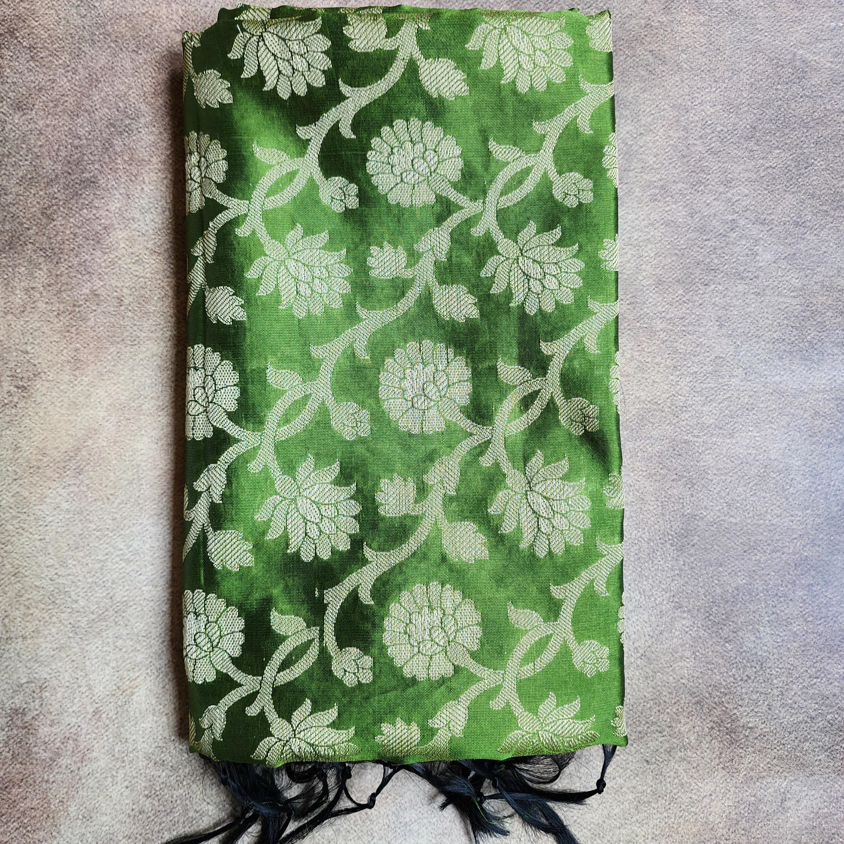 Mehendi Green Banarasi Silk Dupatta with Floral Kairi Border