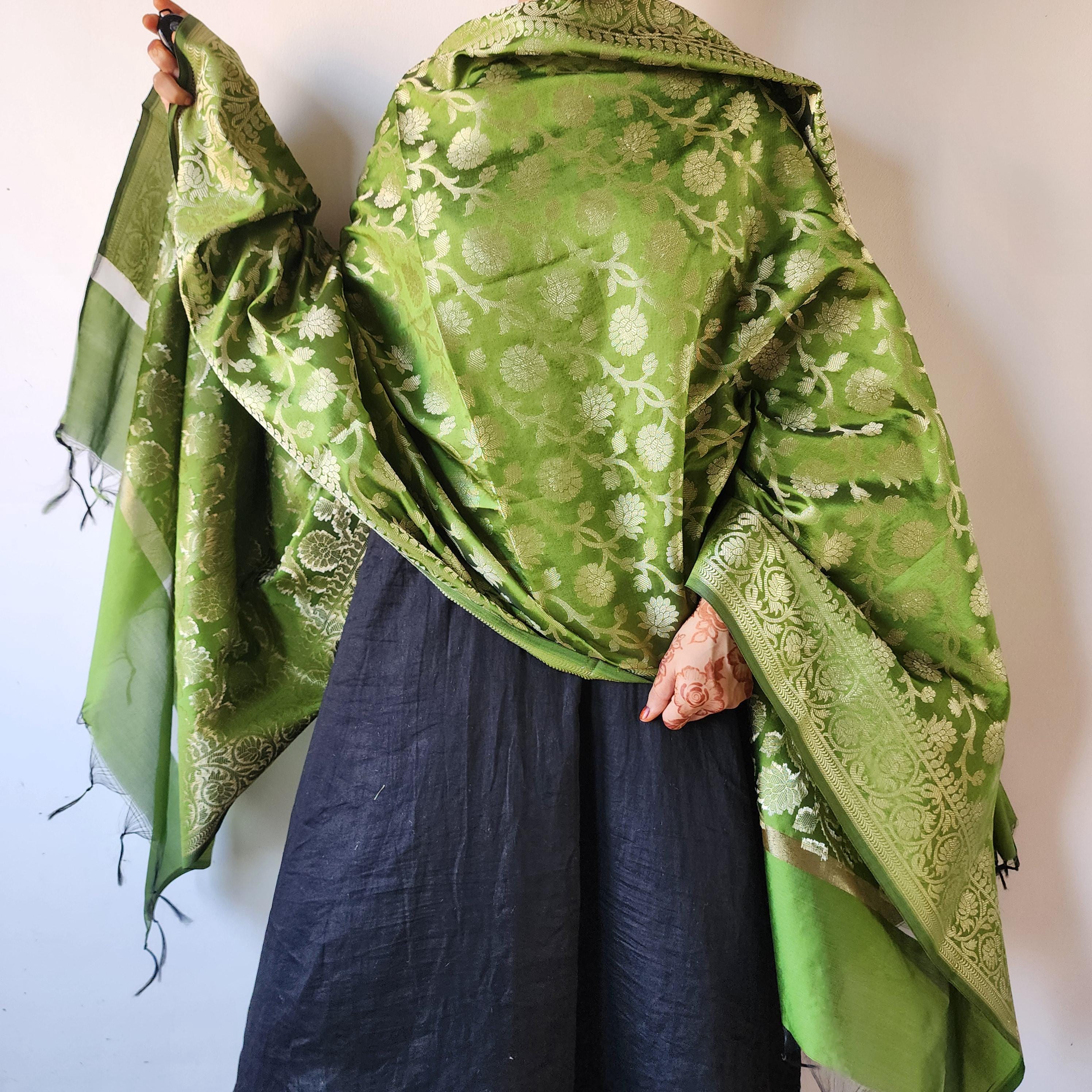 Mehendi Green Banarasi Dupatta with Subtle Gold Zari Fresh, Festive & Stylish for All Celebrations