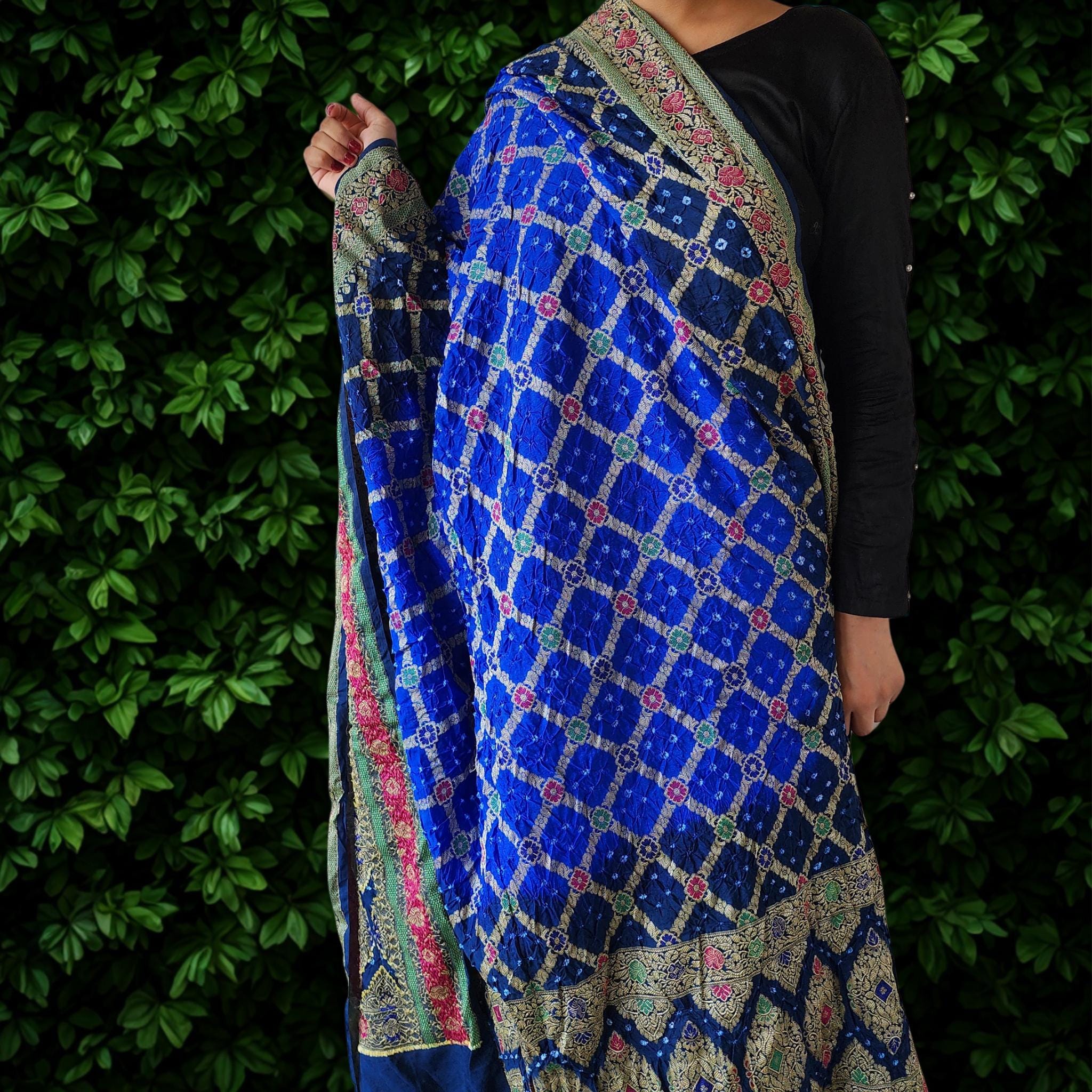 Dual-toned Royal Blue & Navy Bandhni dupatta with Banarasi Meenakari work