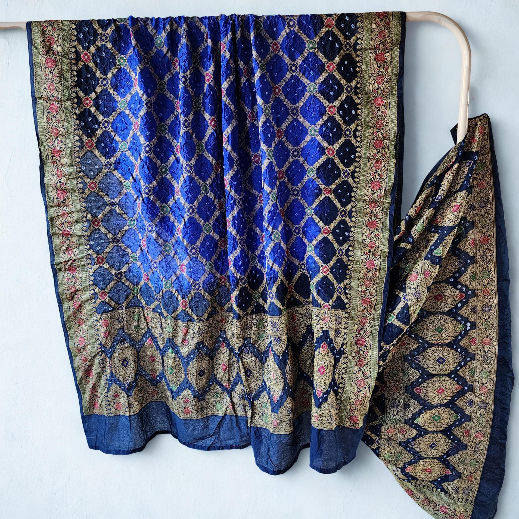 Dual-toned Royal Blue & Navy Bandhni dupatta with Banarasi Meenakari work
