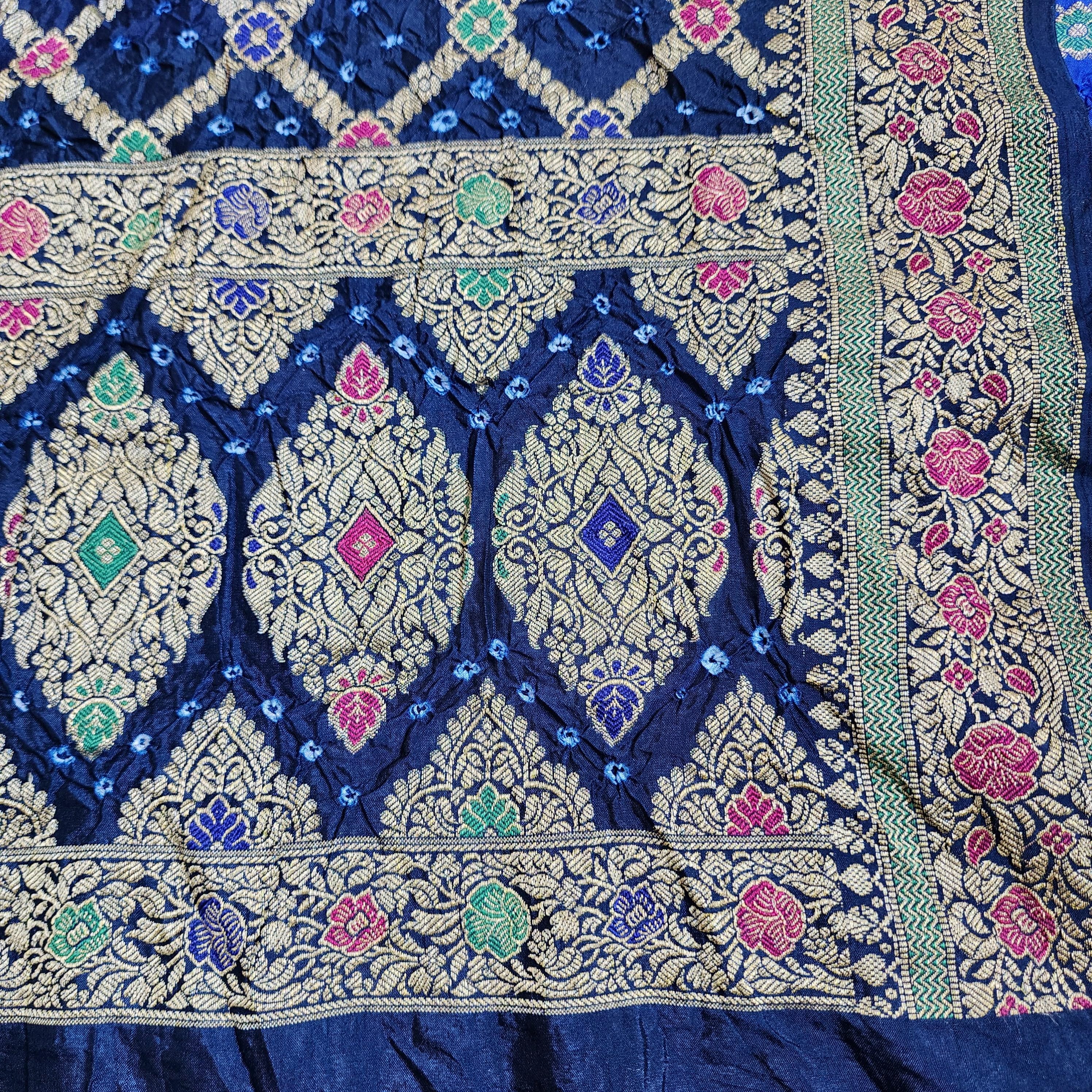 Dual-toned Royal Blue & Navy Bandhni dupatta with Banarasi Meenakari work