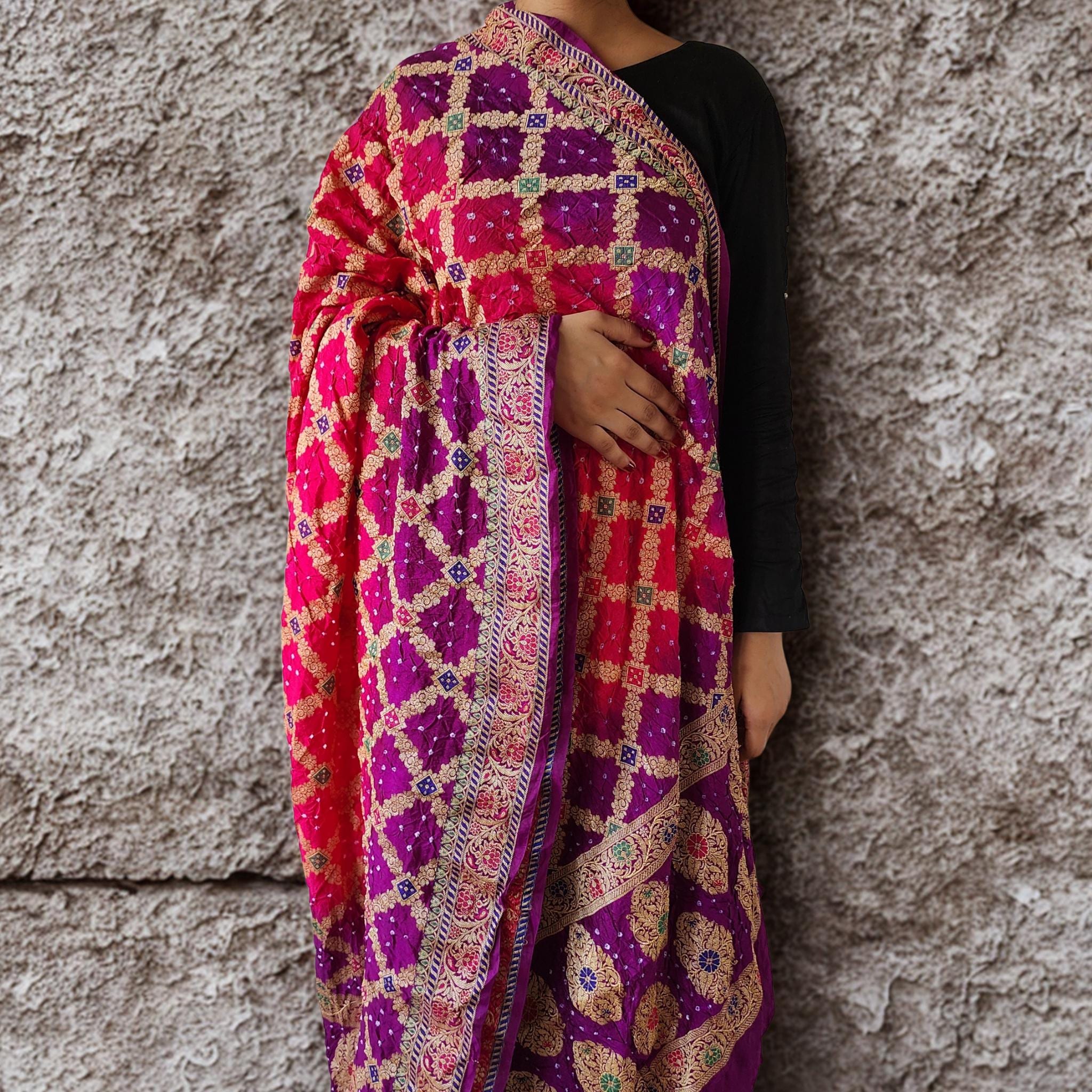 Dual-Tone Rani Pink & Purple Bandhni dupatta with Banarasi Meenakari work