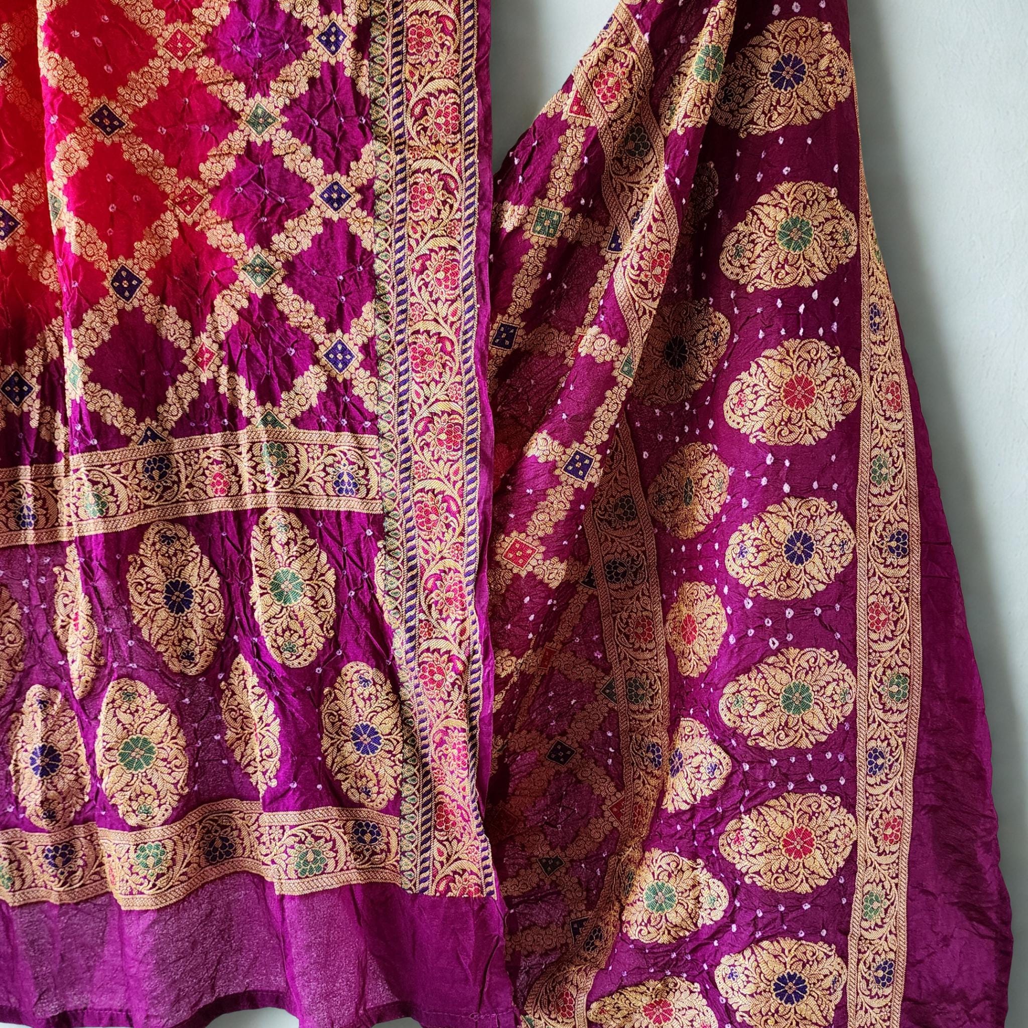 Dual-Tone Rani Pink & Purple Bandhni dupatta with Banarasi Meenakari work