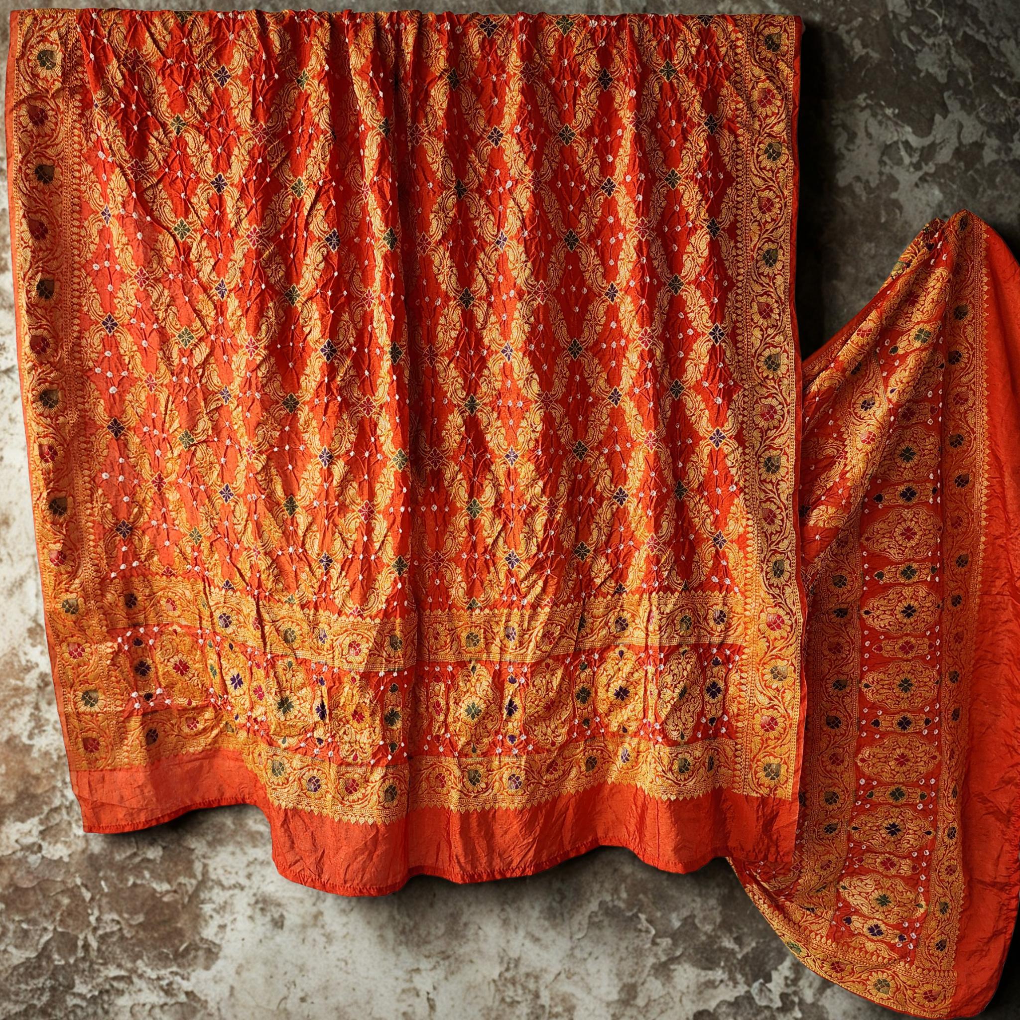 Orange & gold Bandhni dupatta with Banarasi Meenakari work