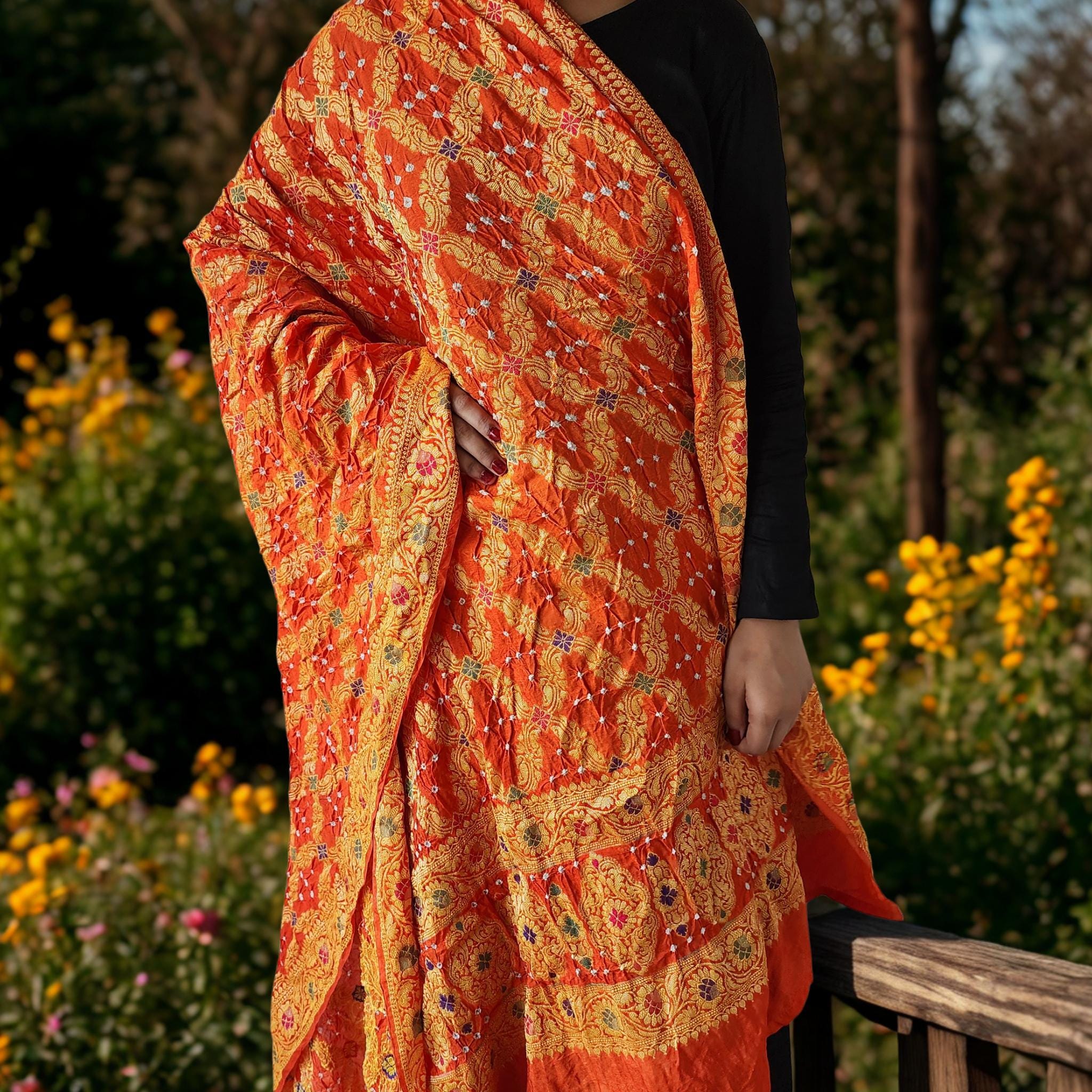 Orange & gold Bandhni dupatta with Banarasi Meenakari work