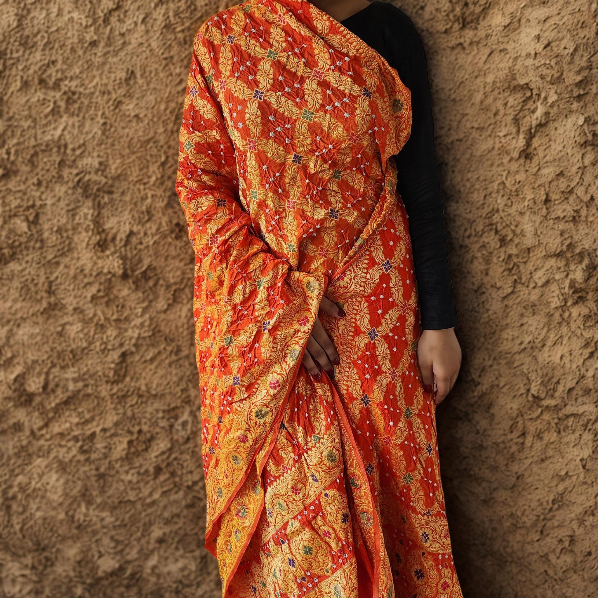 Orange & gold Bandhni dupatta with Banarasi Meenakari work