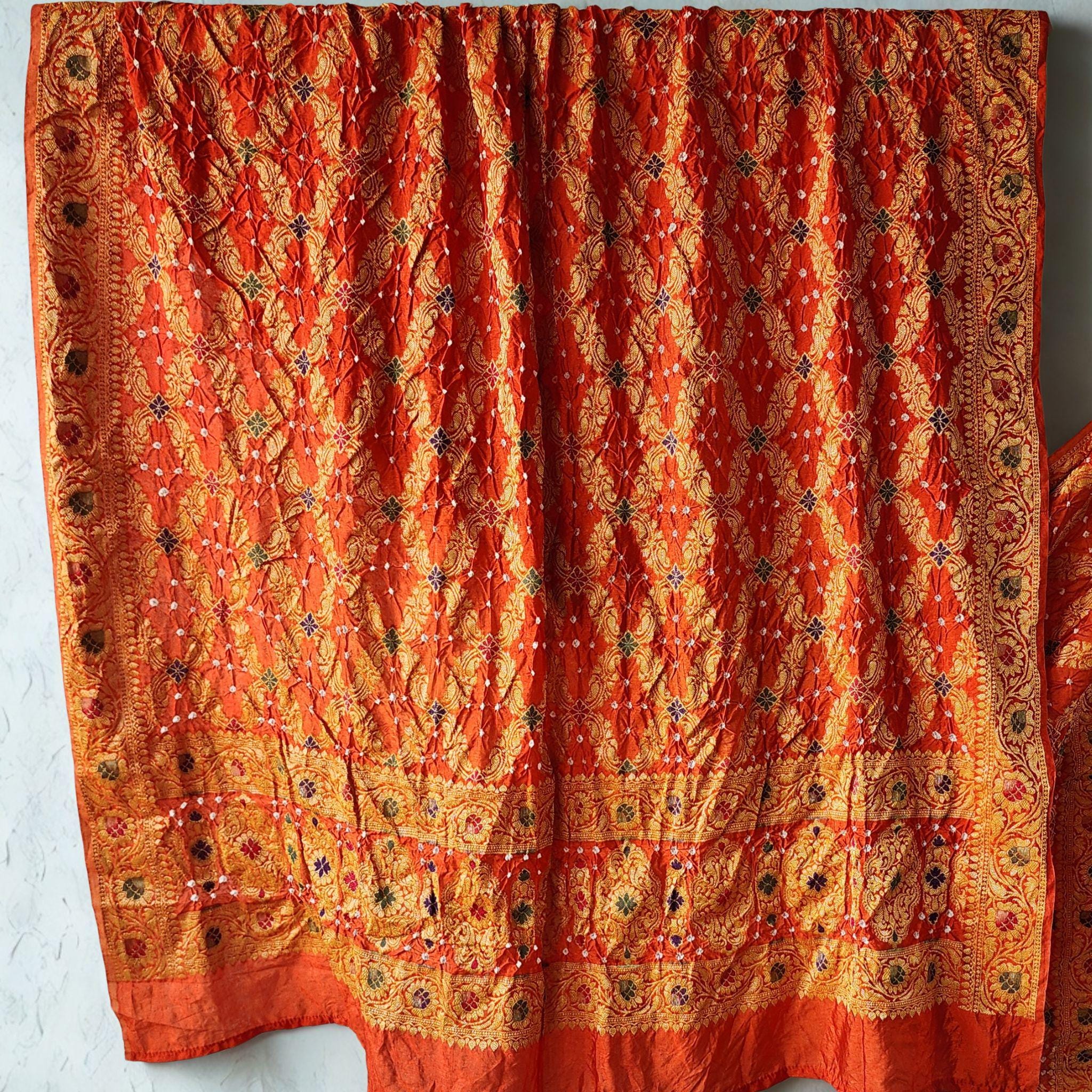 Orange & gold Bandhni dupatta with Banarasi Meenakari work