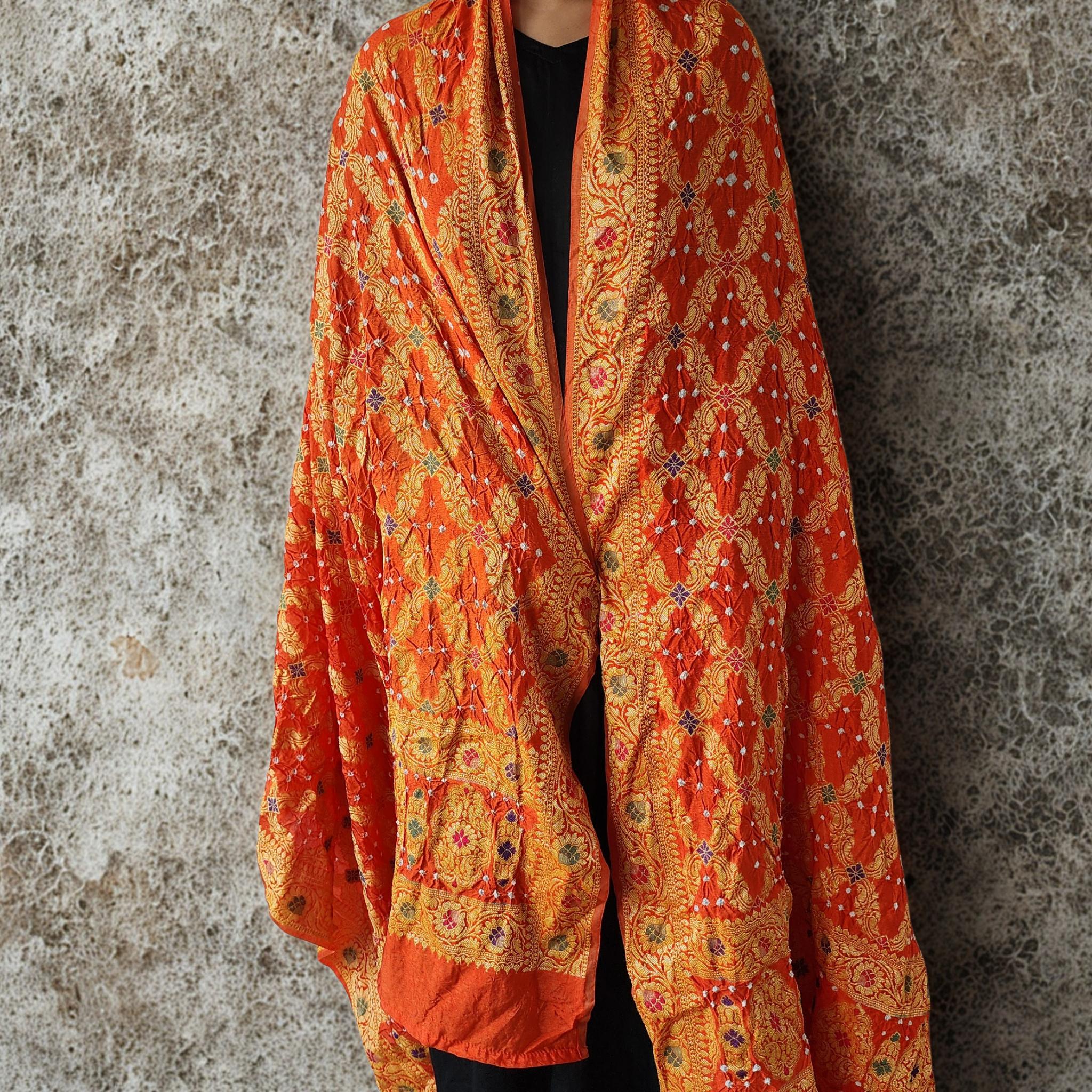 Orange & gold Bandhni dupatta with Banarasi Meenakari work