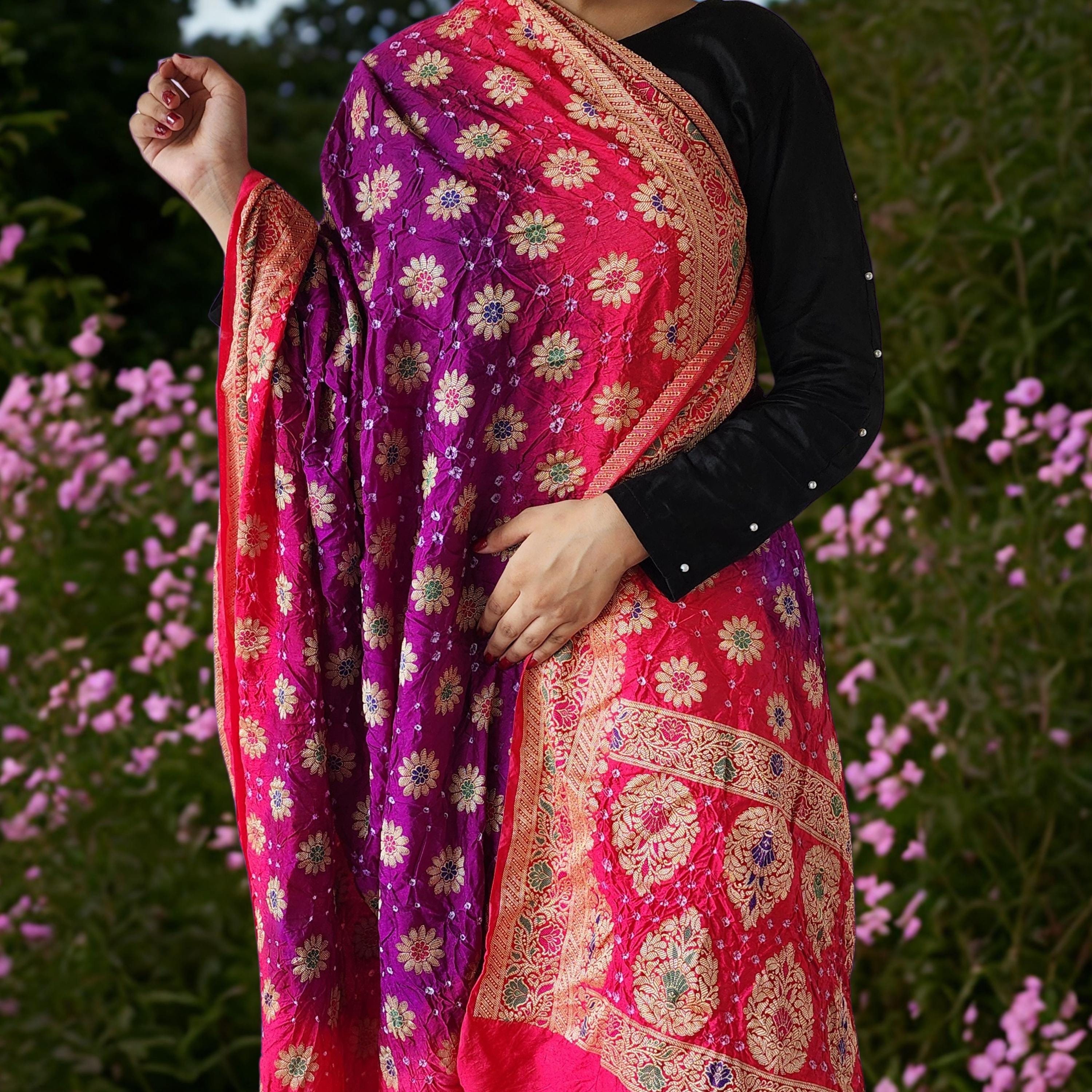 Rich Purple Bandhni dupatta with hot Pink border & Banarasi Meenakari work