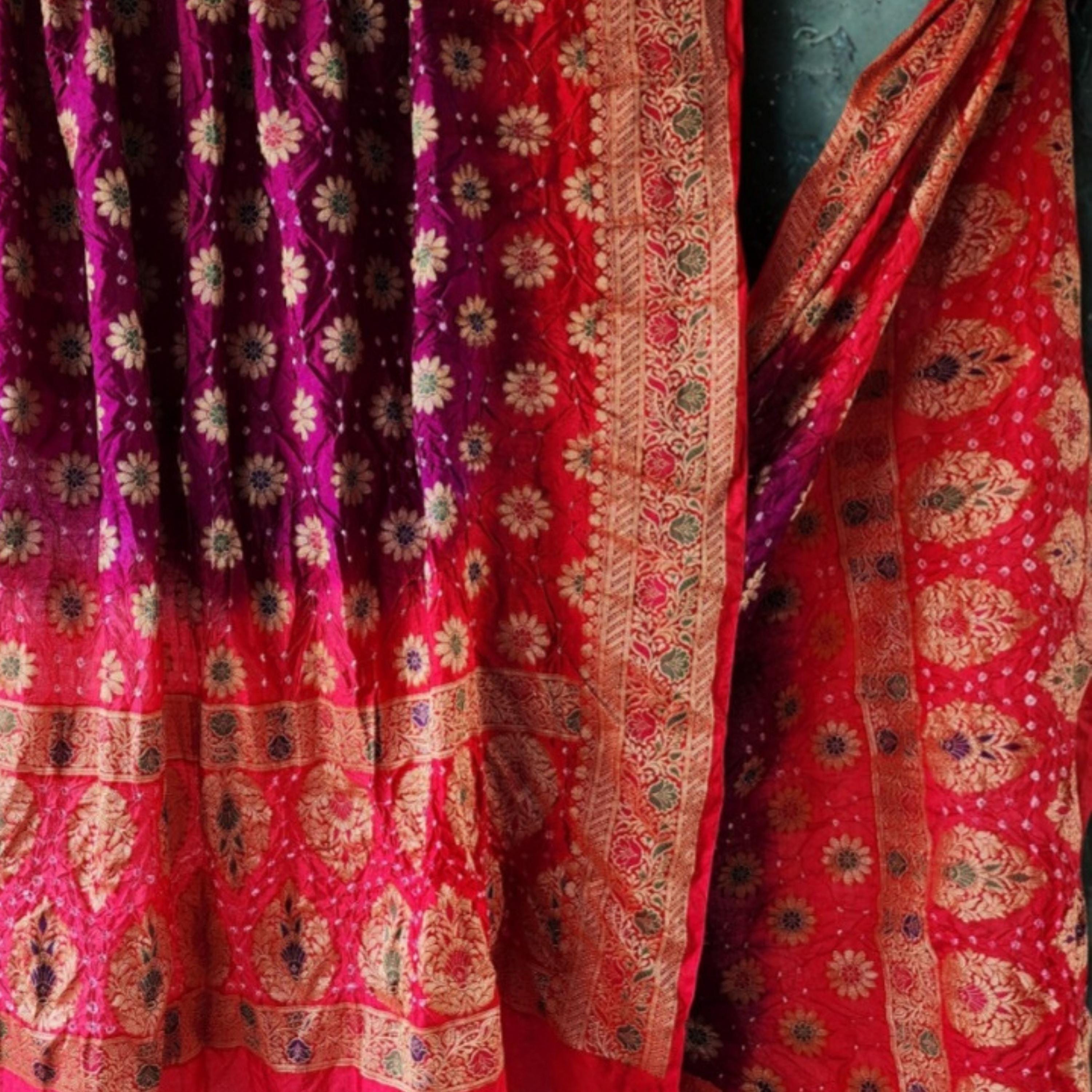 Rich Purple Bandhni dupatta with hot Pink border & Banarasi Meenakari work