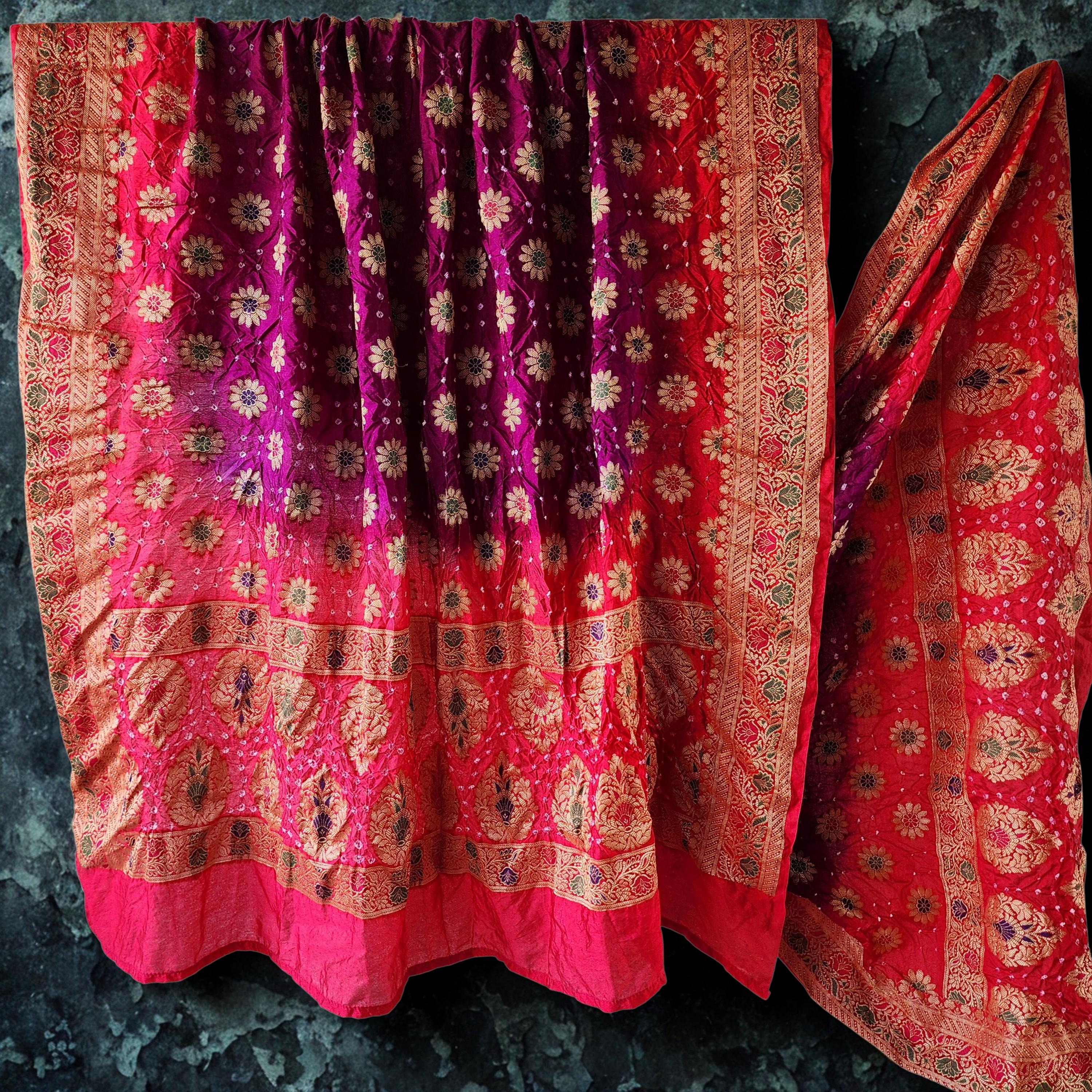 Rich Purple Bandhni dupatta with hot Pink border & Banarasi Meenakari work