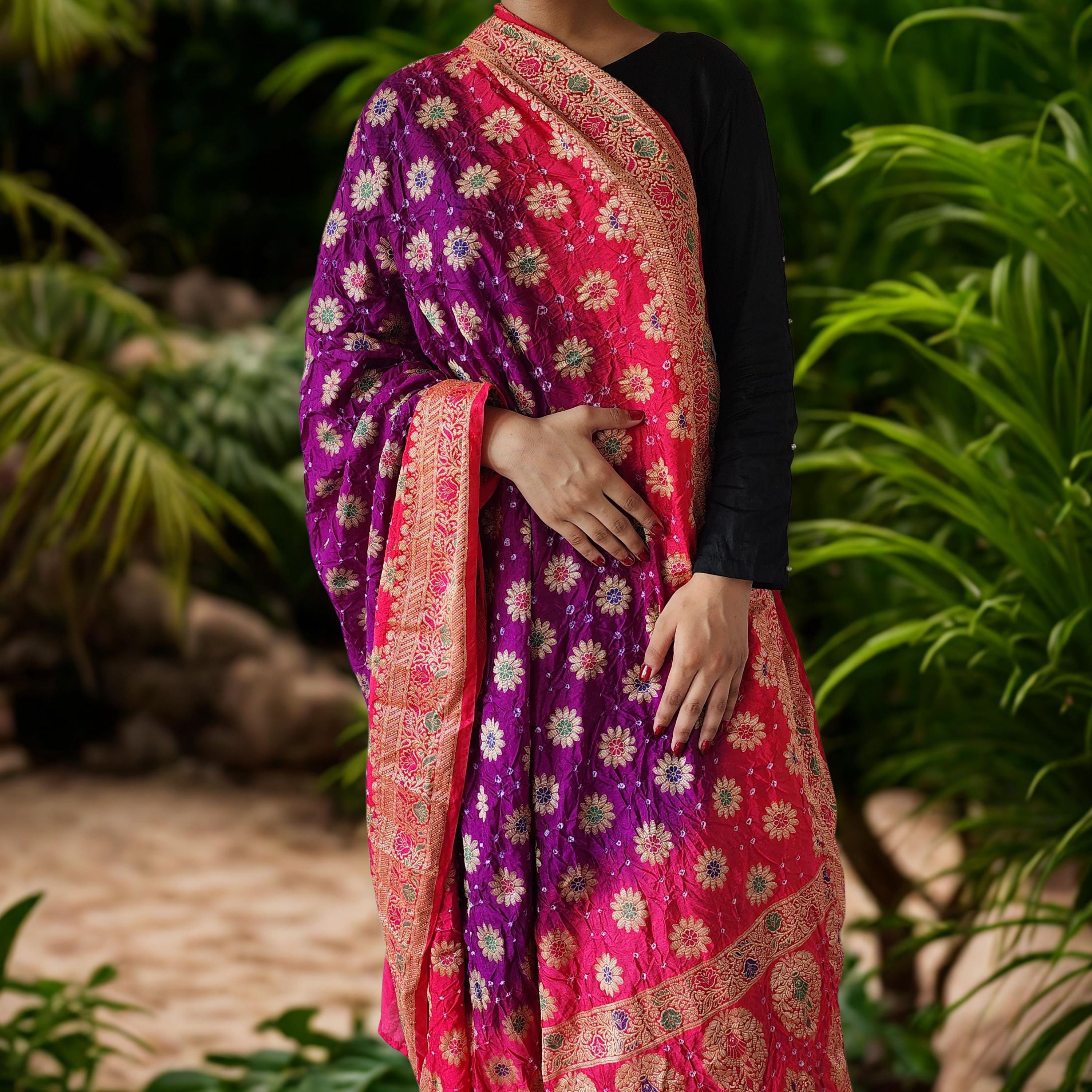Rich Purple Bandhni dupatta with hot Pink border & Banarasi Meenakari work
