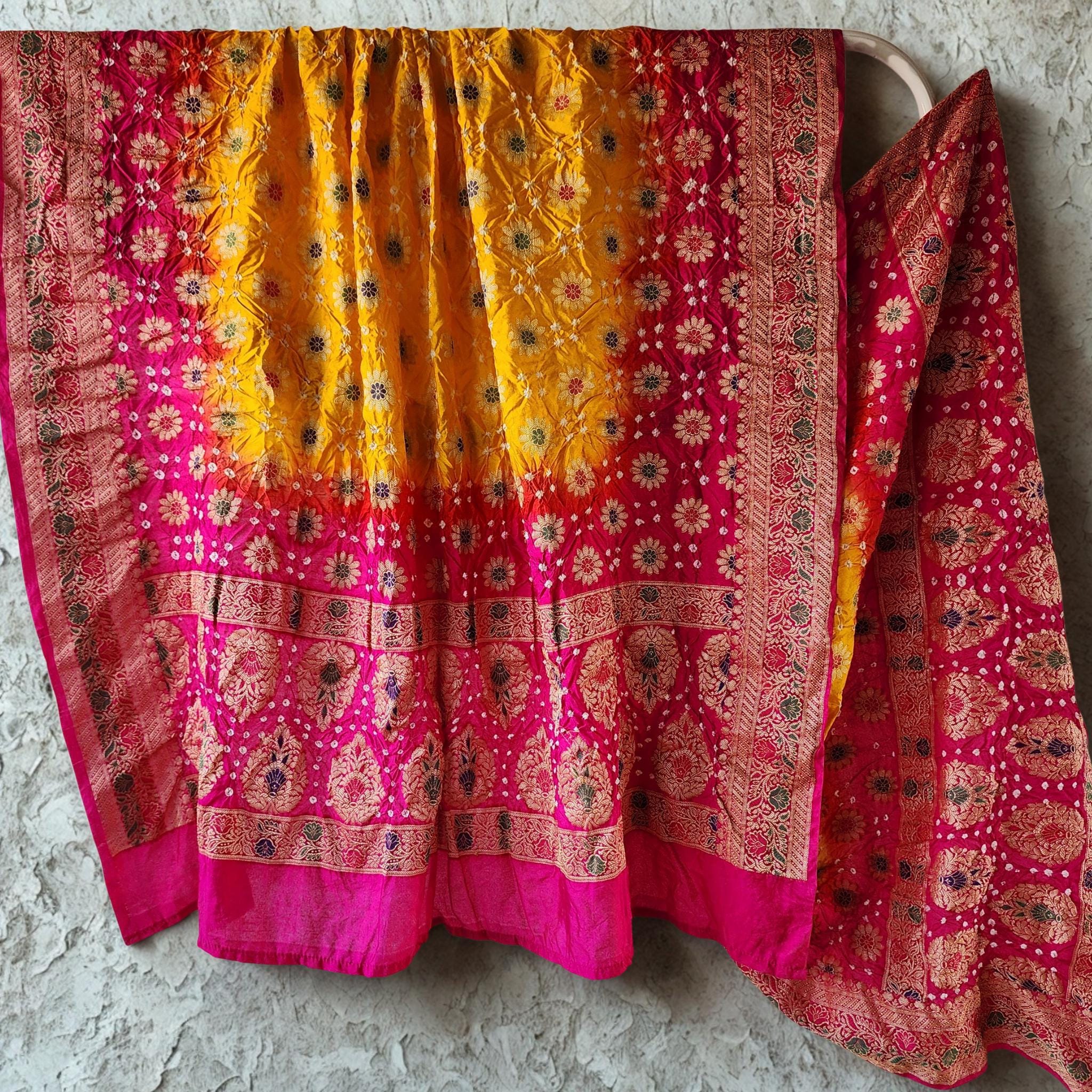 Rich Gold Bandhni dupatta with Rani Pink border & Banarasi Meenakari work