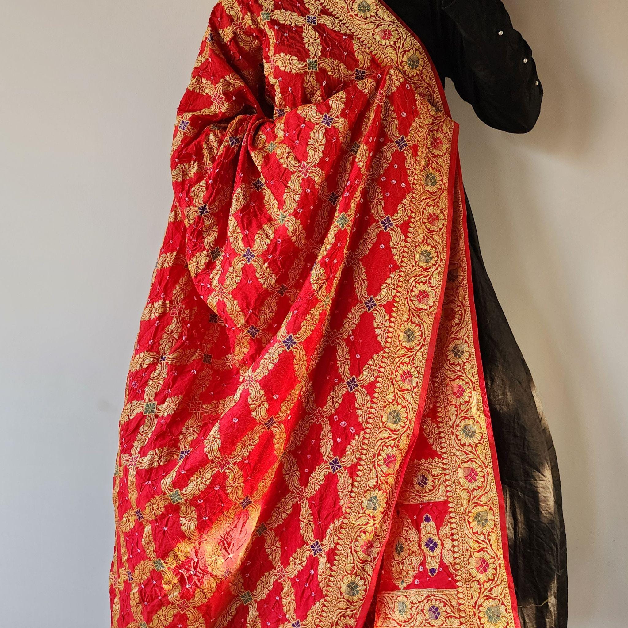 Vibrant Red Bandhni dupatta with Banarasi Meenakari work