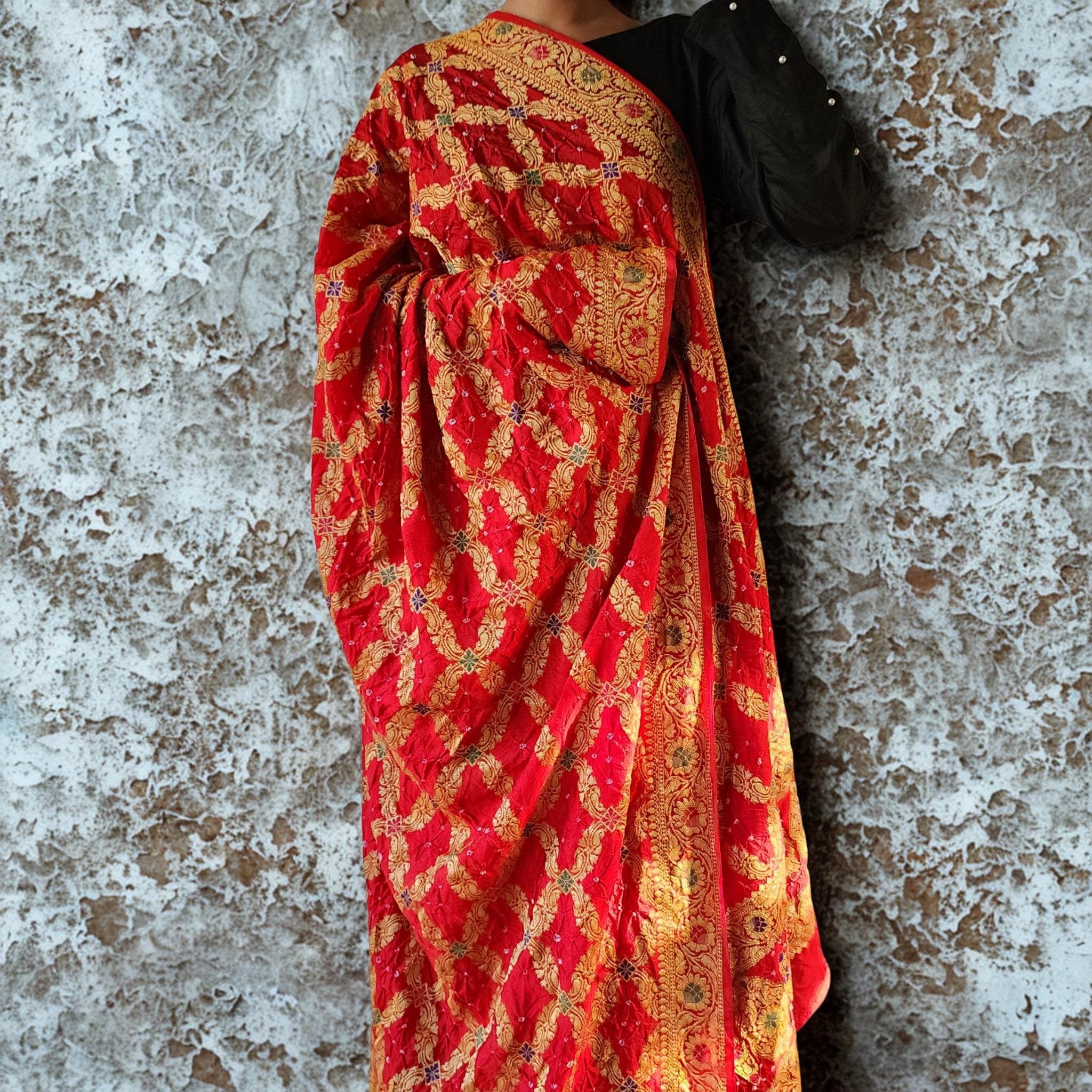 Vibrant Red Bandhni dupatta with Banarasi Meenakari work