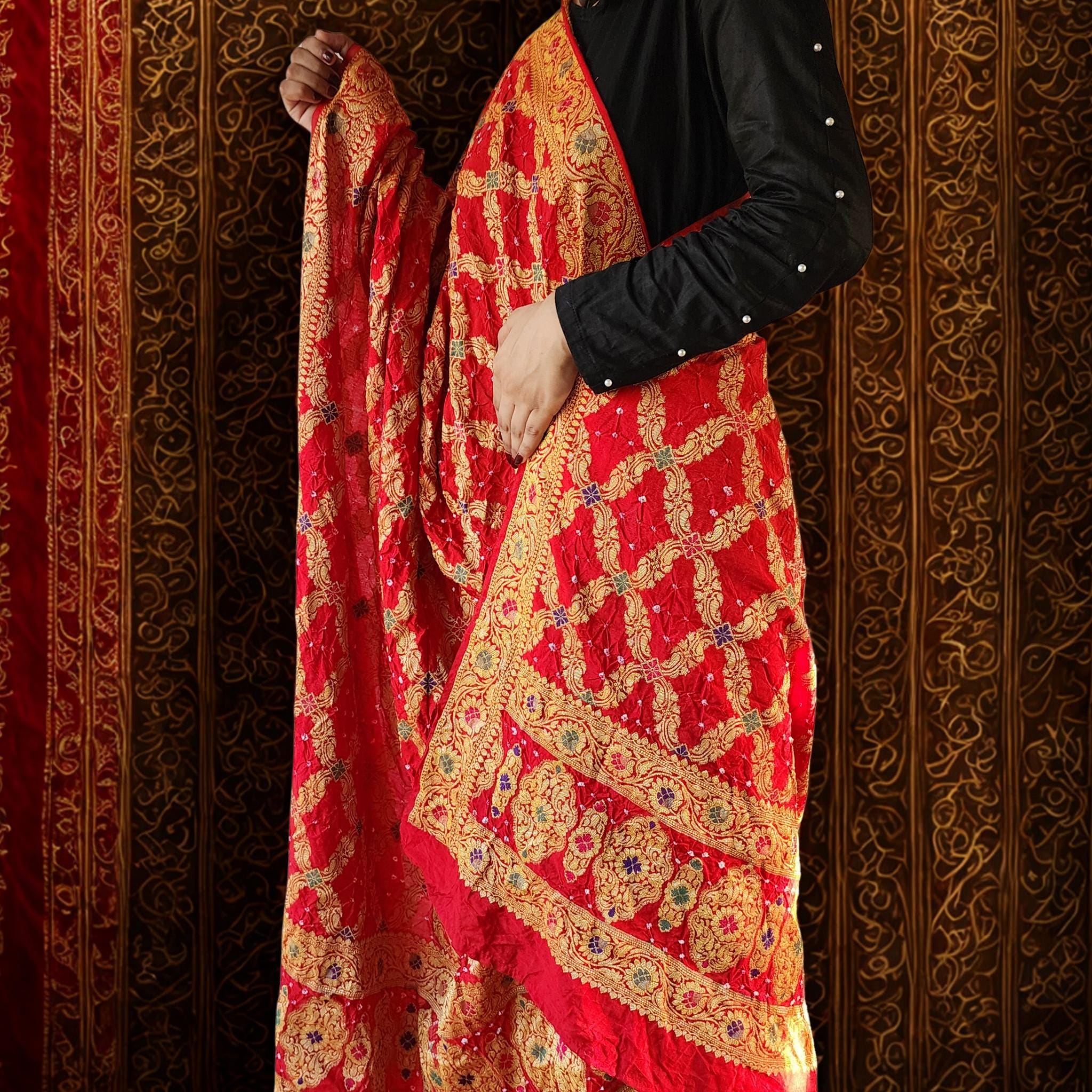 Vibrant Red Bandhni dupatta with Banarasi Meenakari work