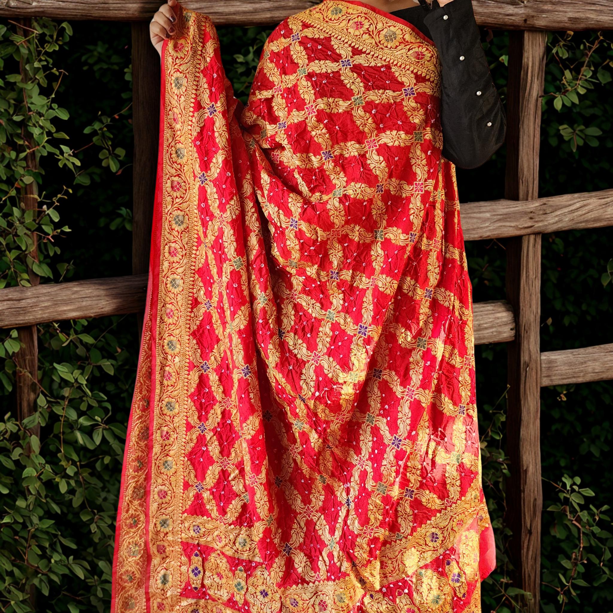 Vibrant Red Bandhni dupatta with Banarasi Meenakari work