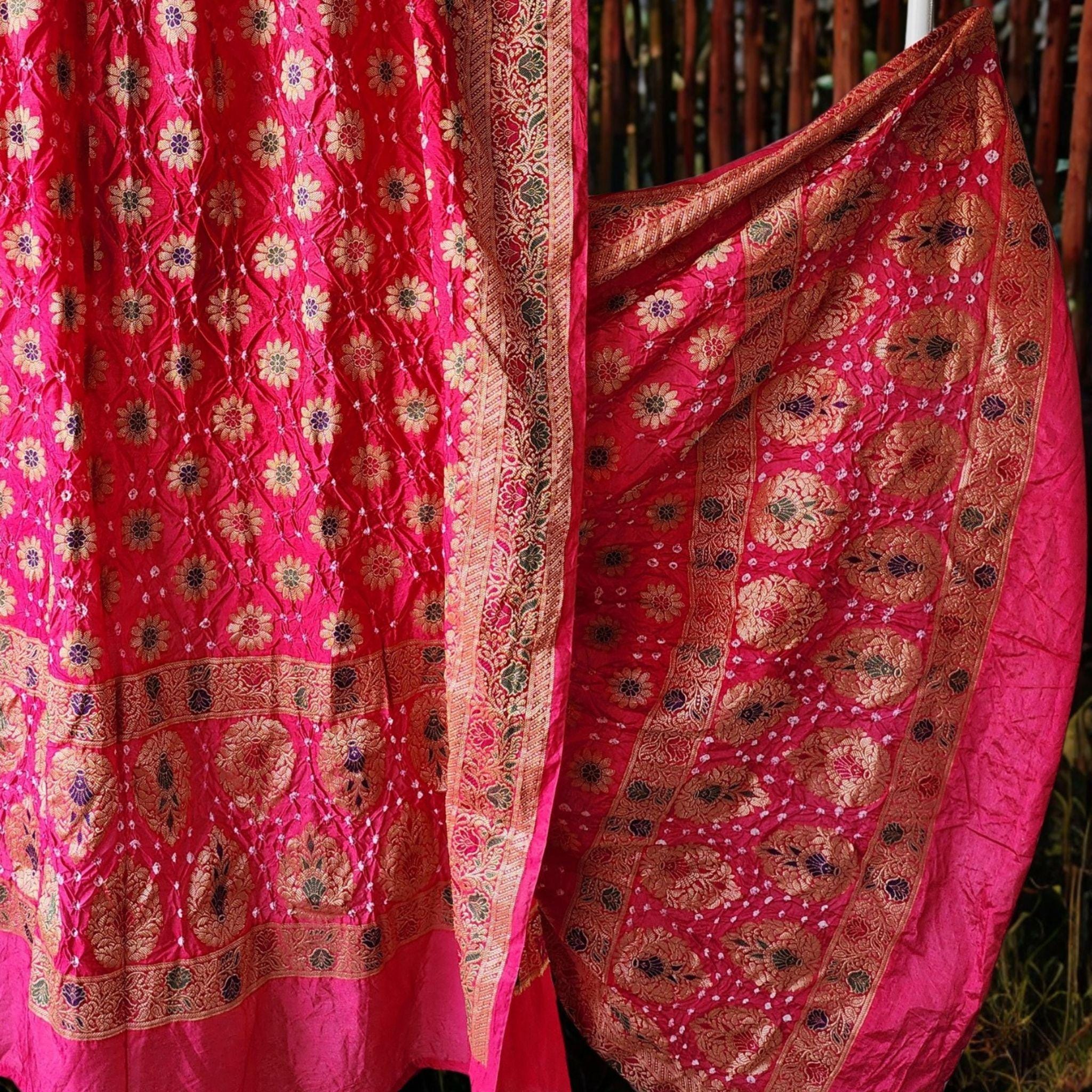 Vibrant Pink Bandhni dupatta with Banarasi Meenakari work