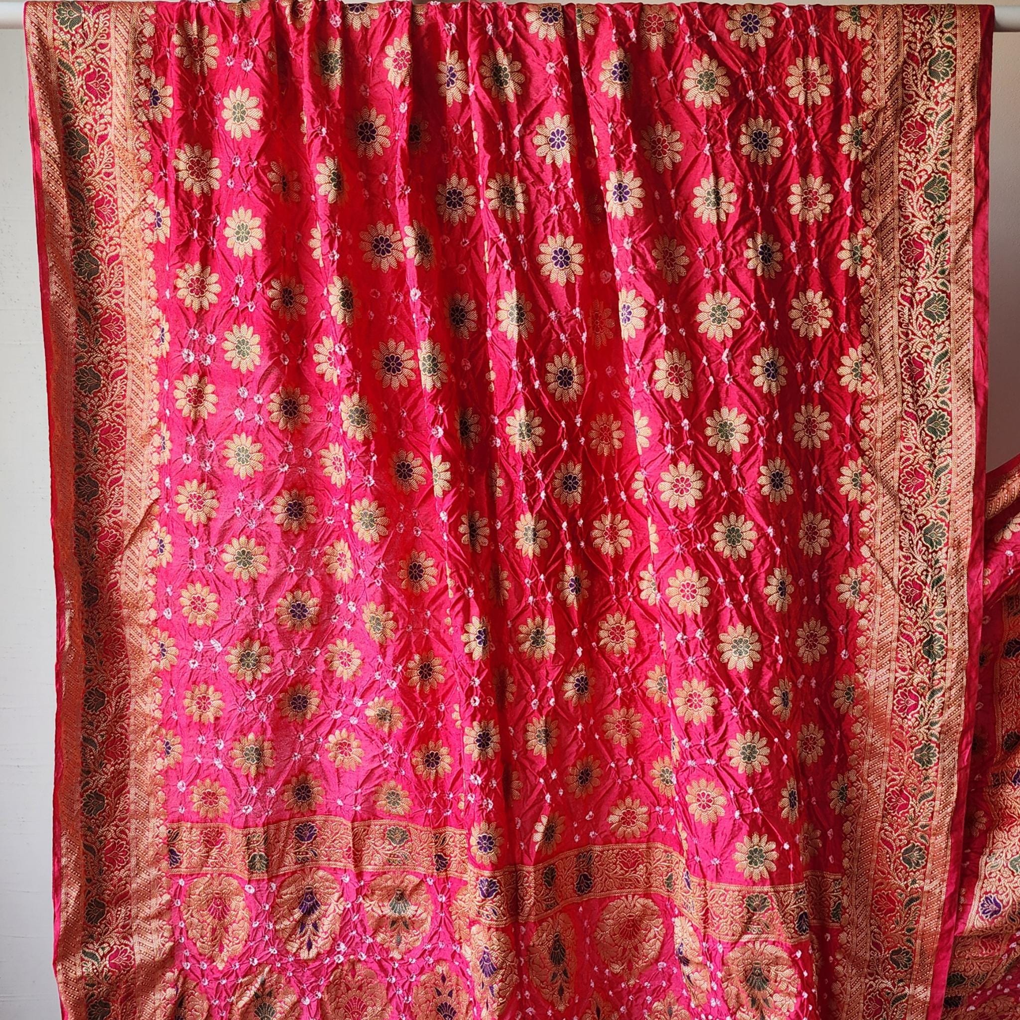 Vibrant Pink Bandhni dupatta with Banarasi Meenakari work