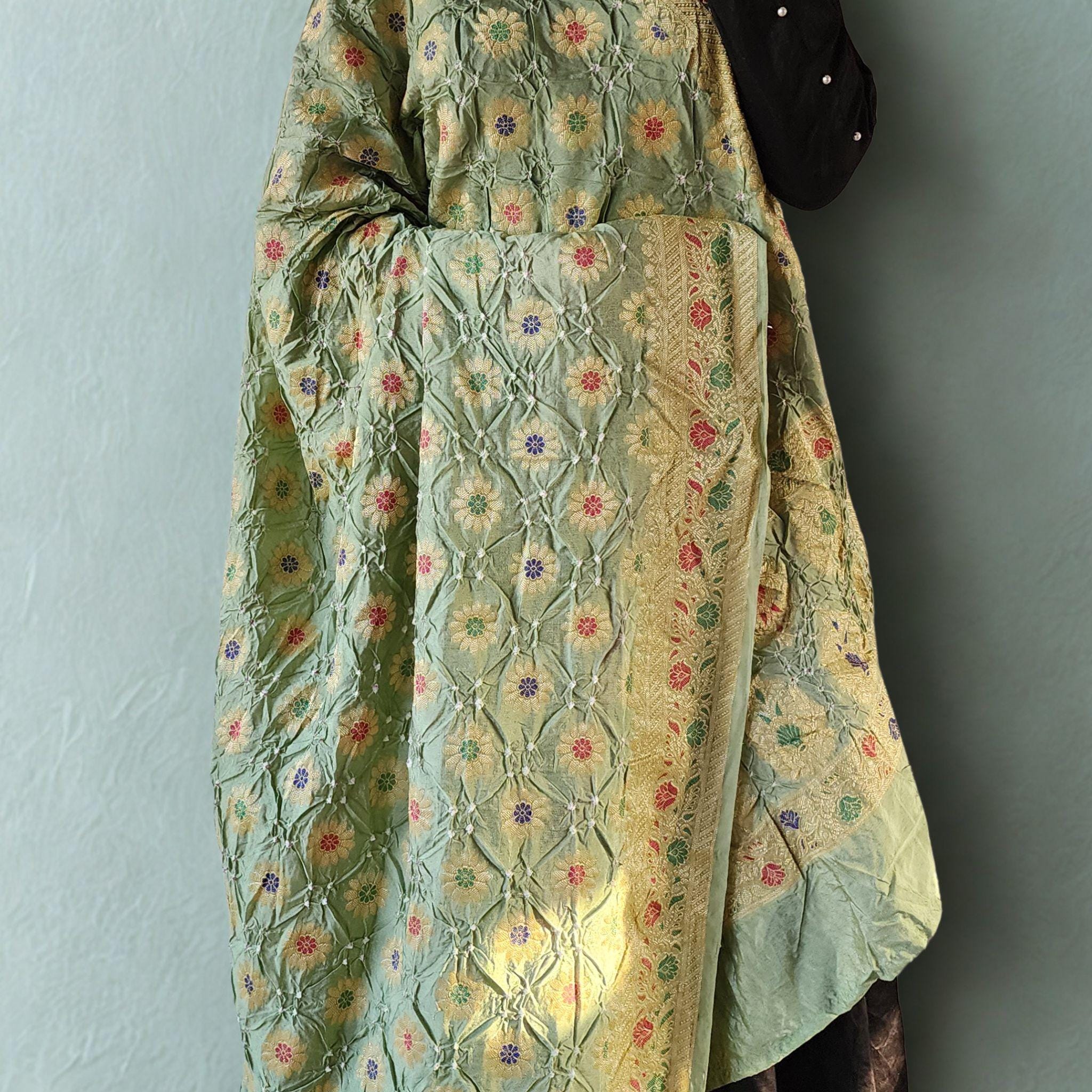 Light Sage Green Bandhni dupatta with Banarasi Meenakari work