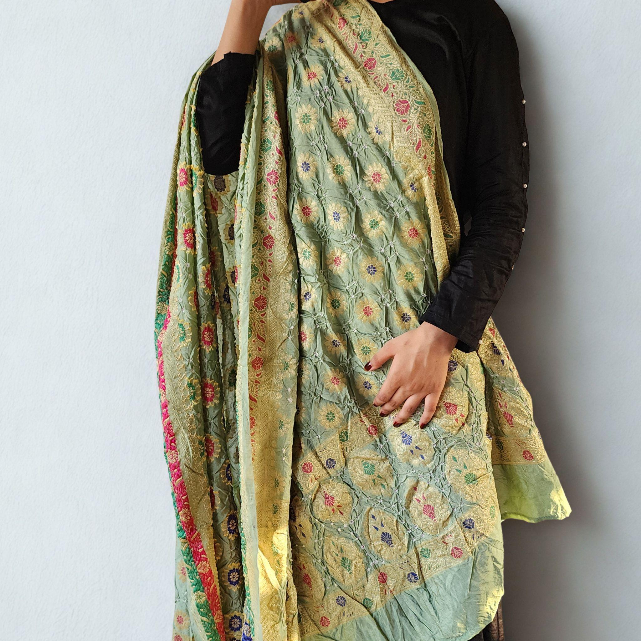 Light Sage Green Bandhni dupatta with Banarasi Meenakari work