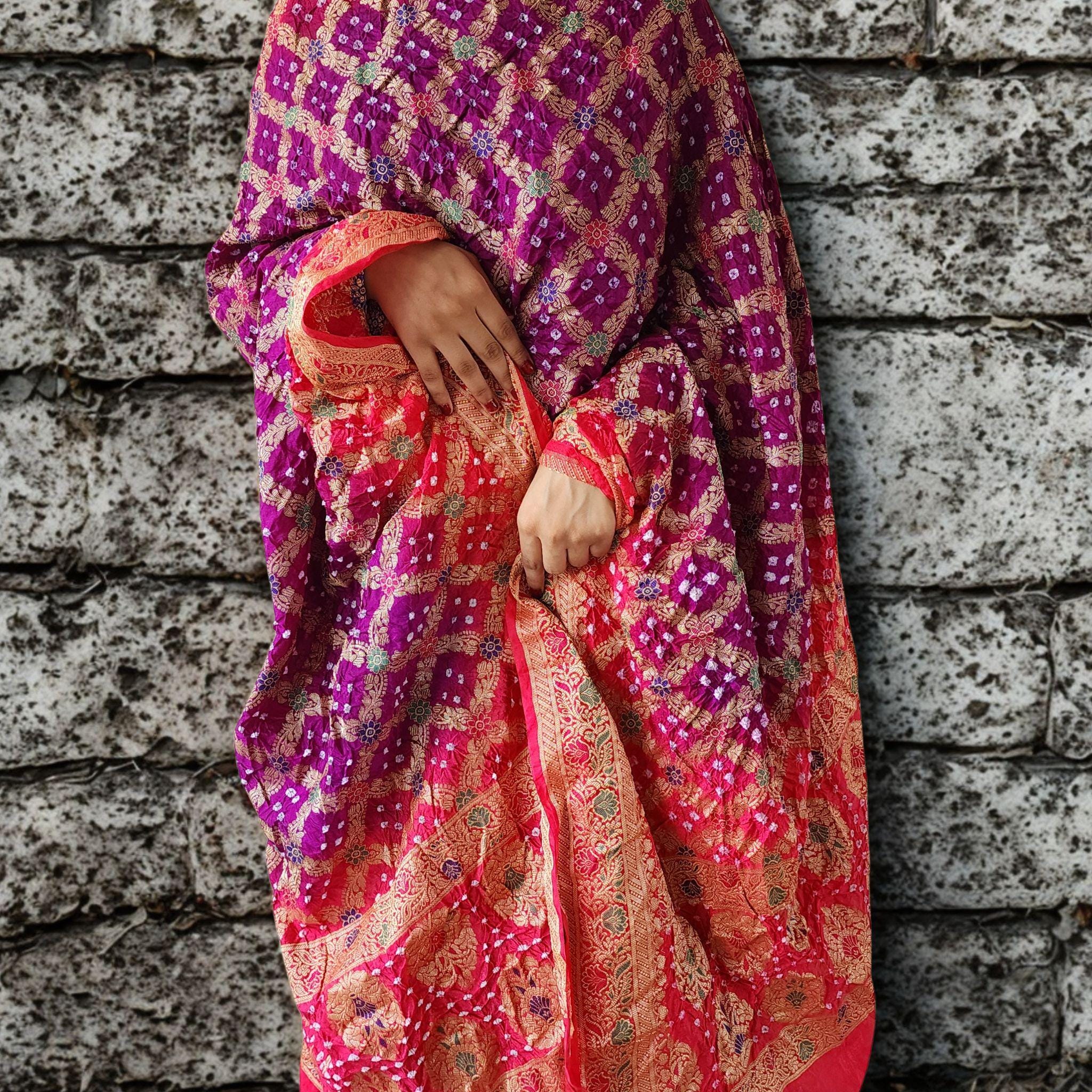 Rich Purple Bandhni dupatta with hot Pink border & Banarasi Meenakari work