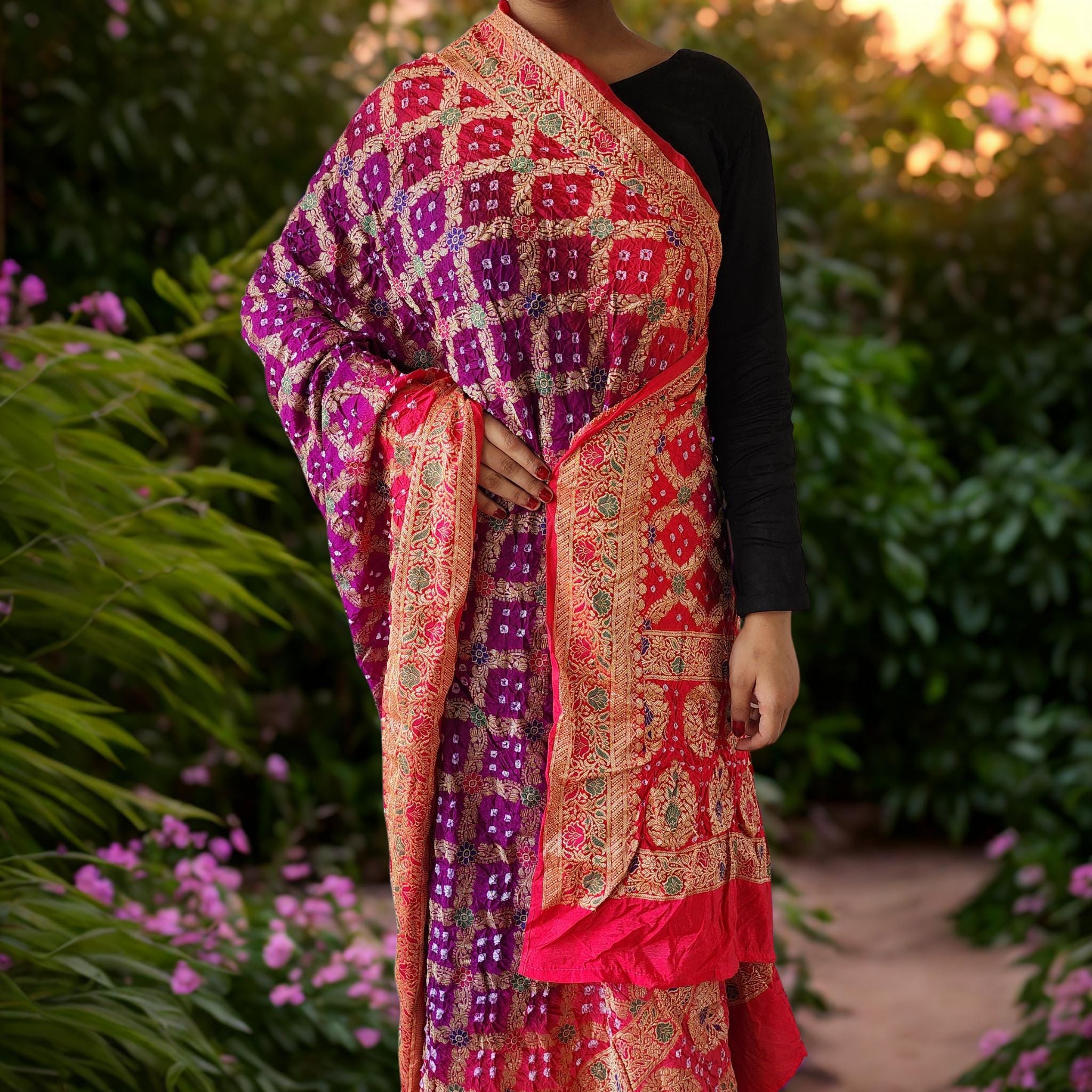Rich Purple Bandhni dupatta with hot Pink border & Banarasi Meenakari work