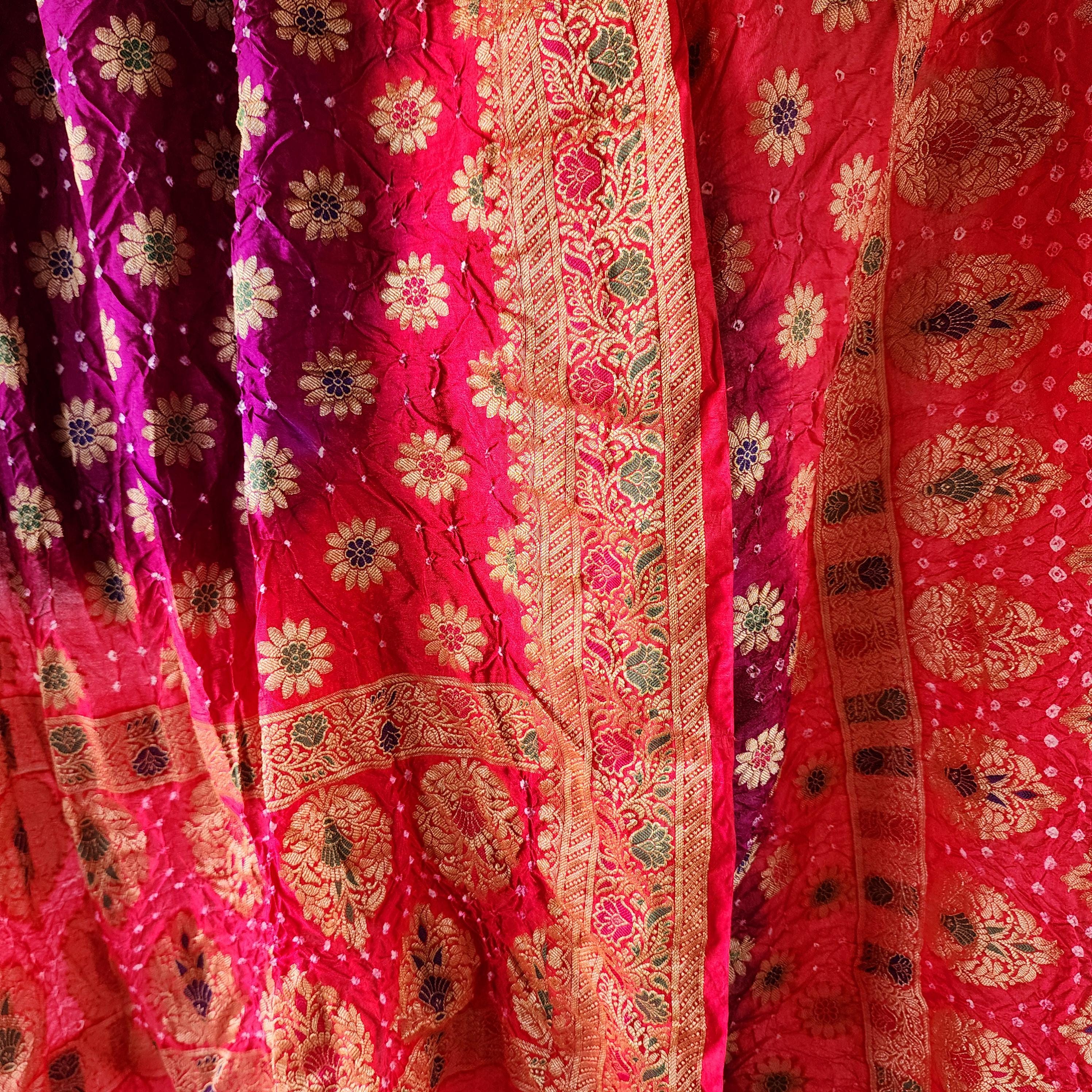Rich Purple Bandhni dupatta with hot Pink border & Banarasi Meenakari work