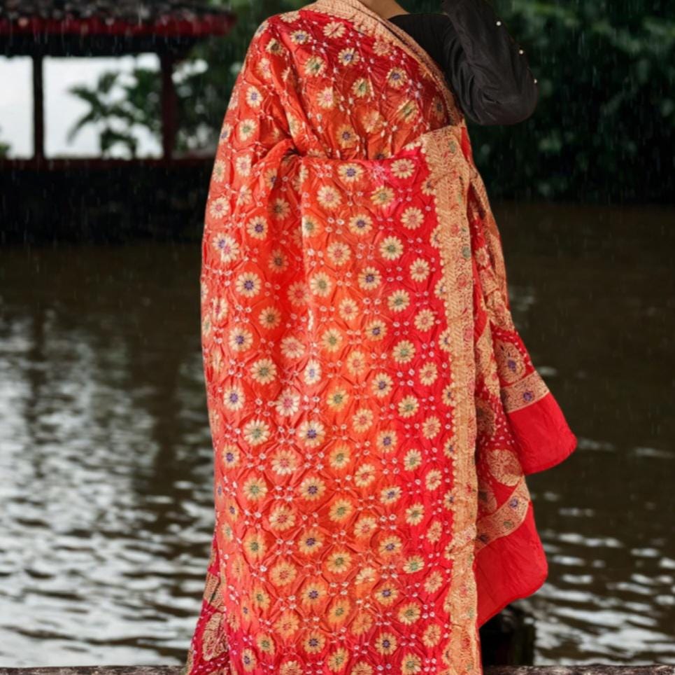 Dual-Tone Orange & Red Bandhni dupatta with Banarasi Meenakari work