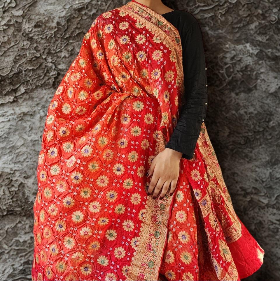 Dual-Tone Orange & Red Bandhni dupatta with Banarasi Meenakari work