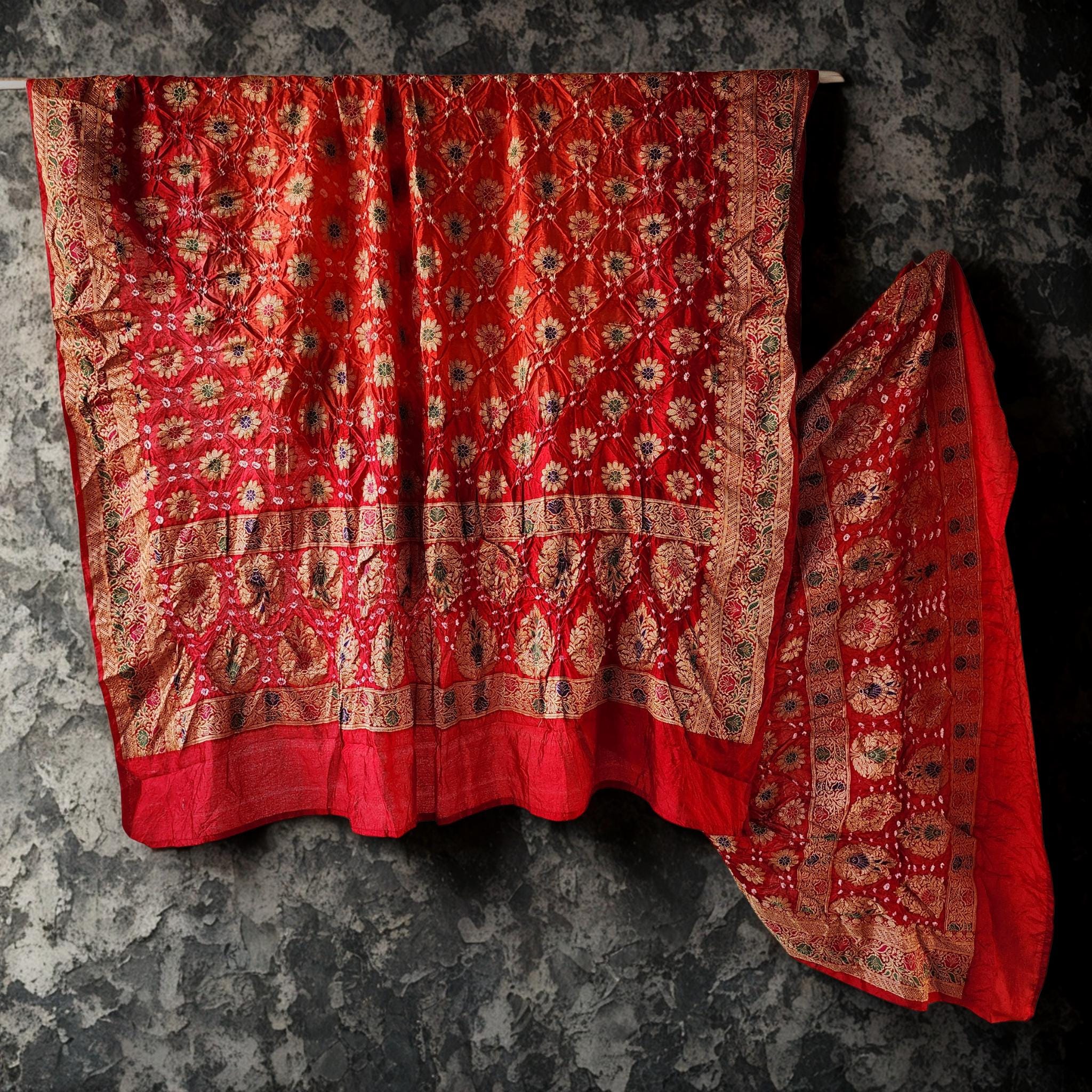Dual-Tone Orange & Red Bandhni dupatta with Banarasi Meenakari work