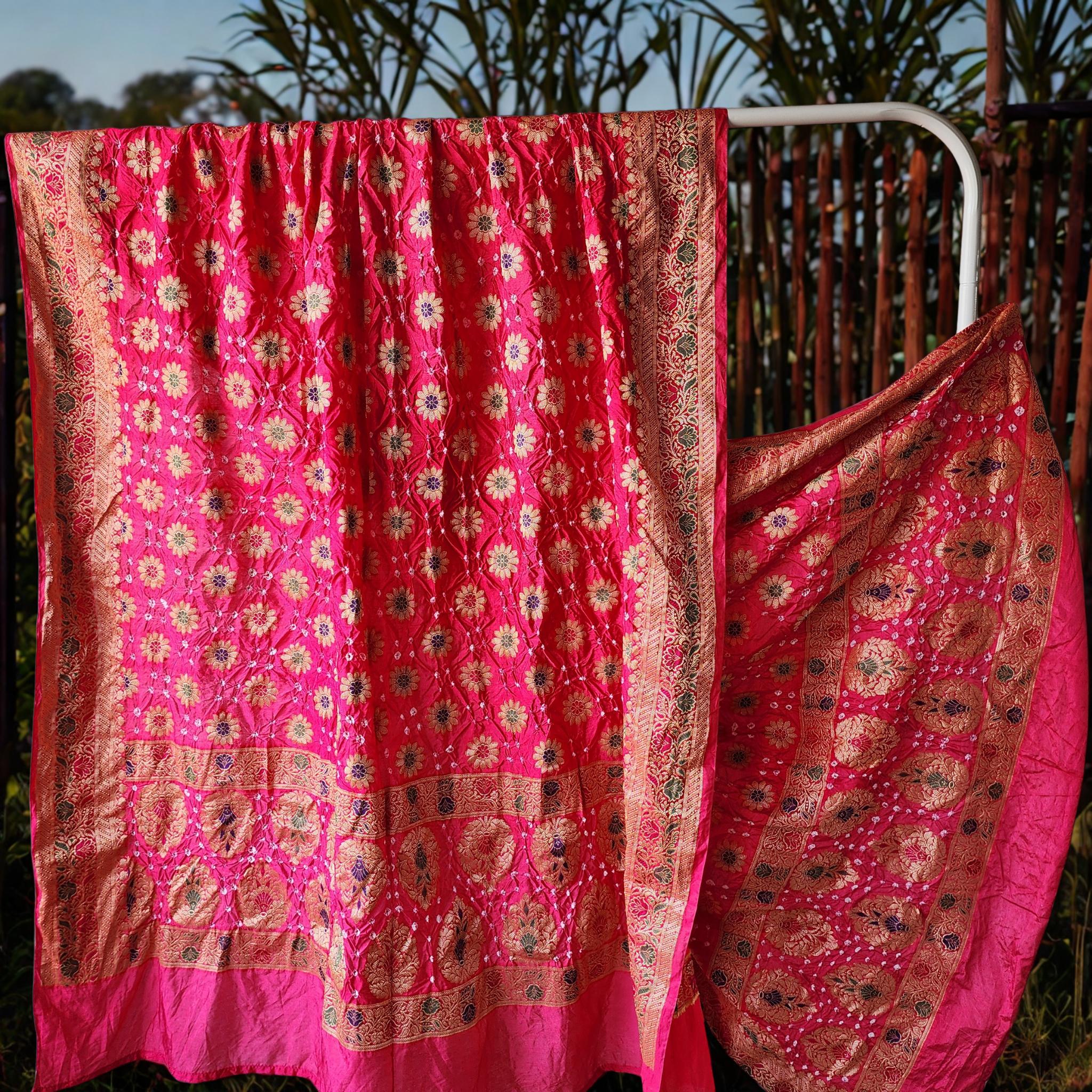 Elegant Rani Pink Bandhni dupatta with Banarasi Meenakari work