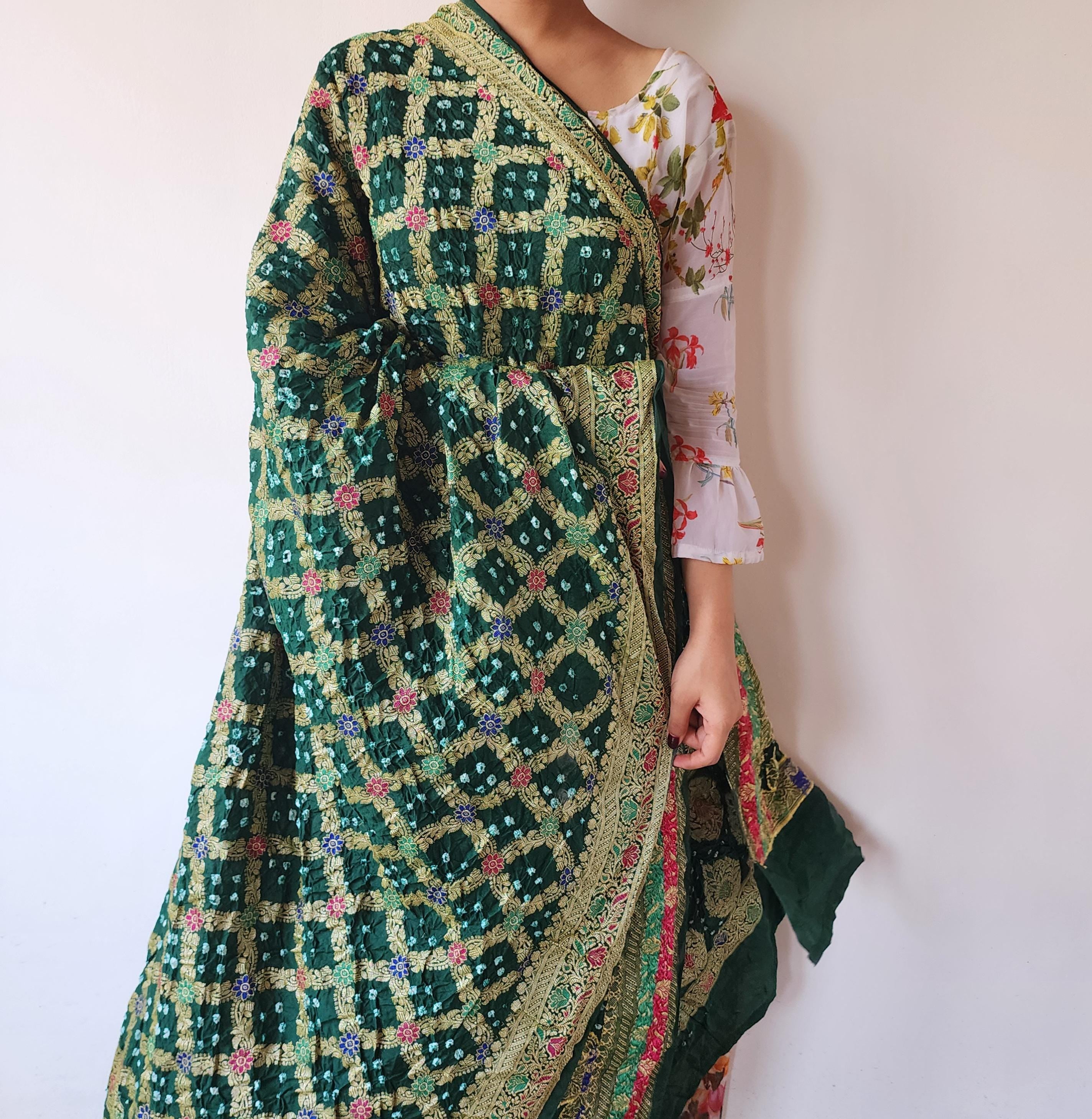 Bottle Green Bandhni dupatta with Banarasi Meenakari work