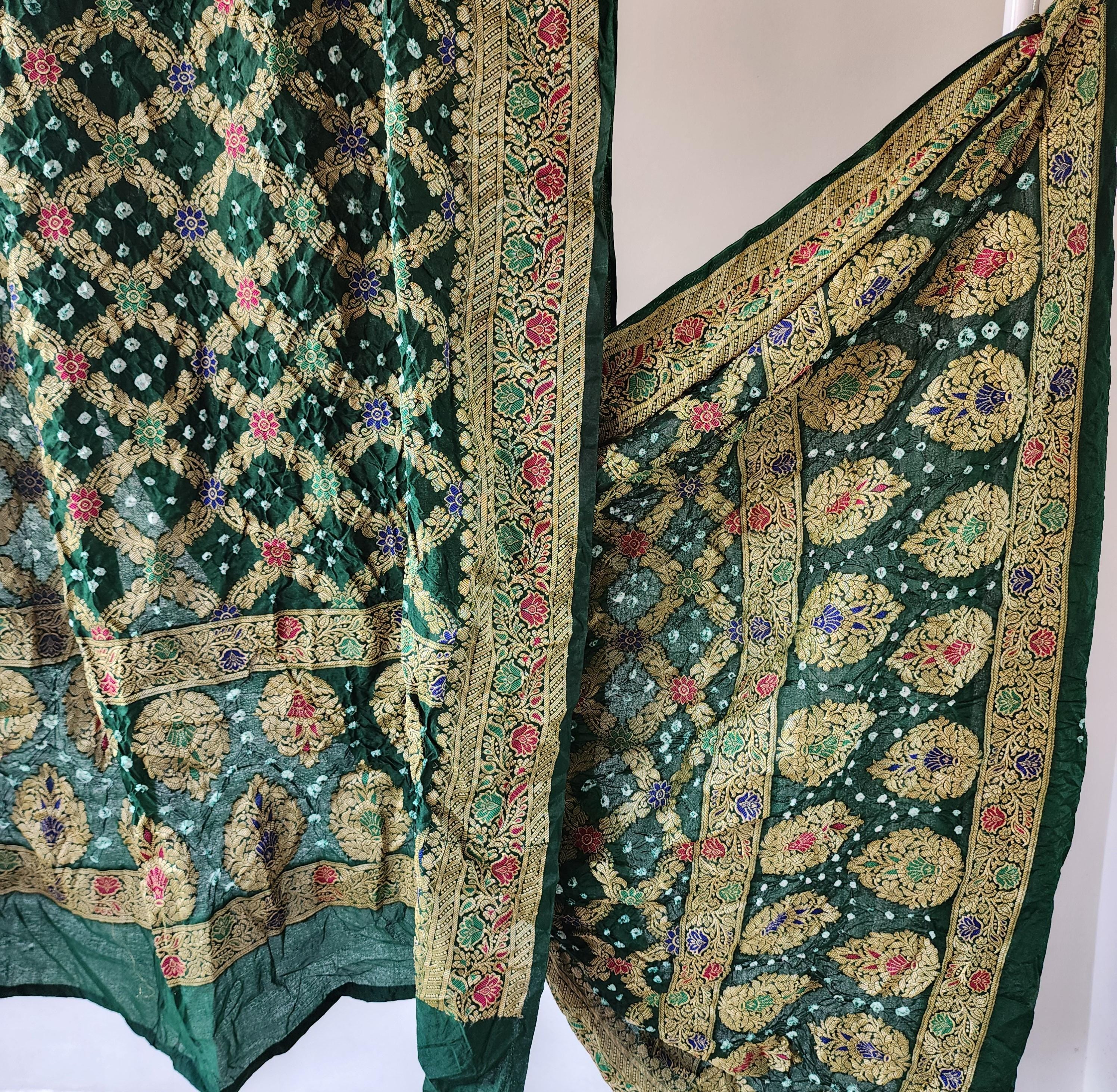 Bottle Green Bandhni dupatta with Banarasi Meenakari work