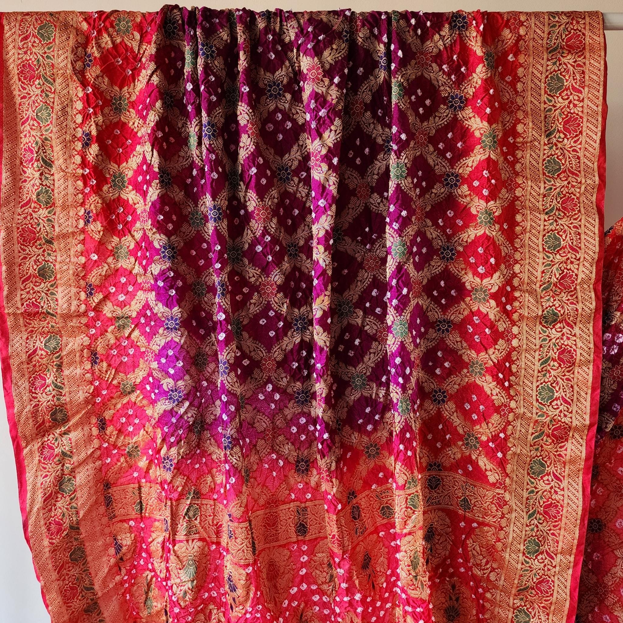 Rich Purple Bandhni dupatta with hot Pink border & Banarasi Meenakari work