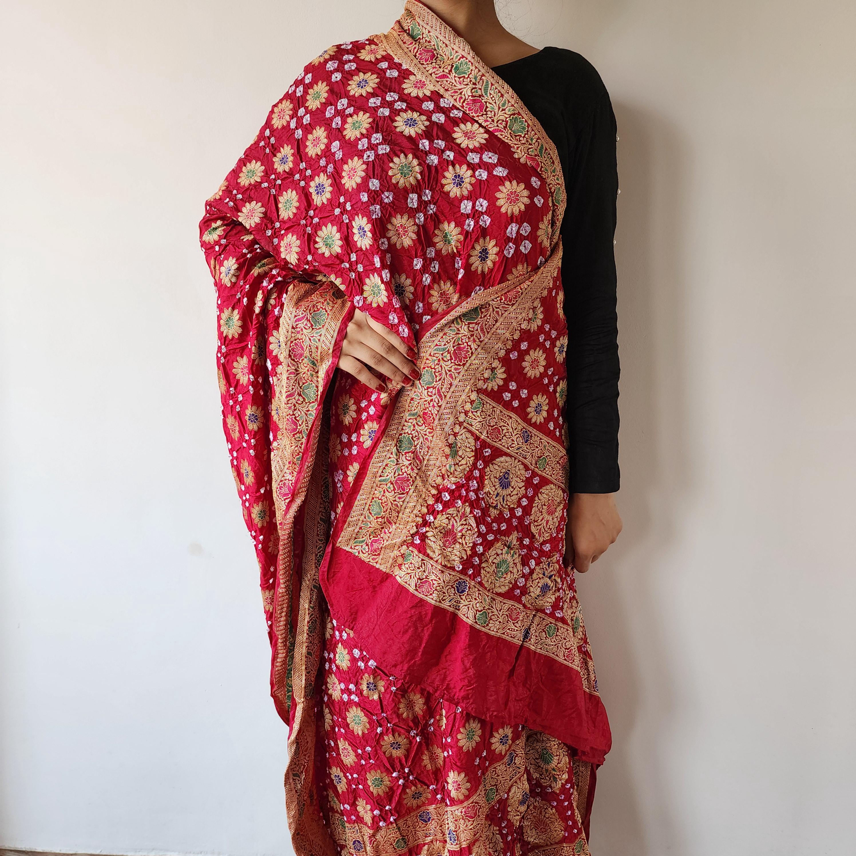Deep Rich Red Banarasi Bandhni dupatta with Banarasi Meenakari work