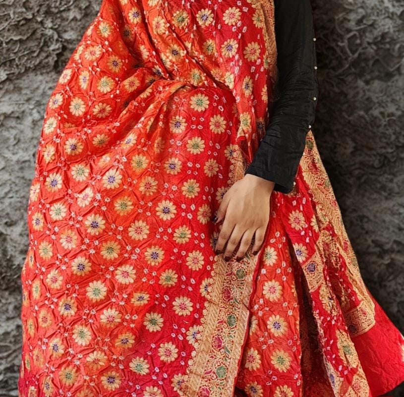 Dual-Tone Orange & Red Bandhni dupatta with Banarasi Meenakari work