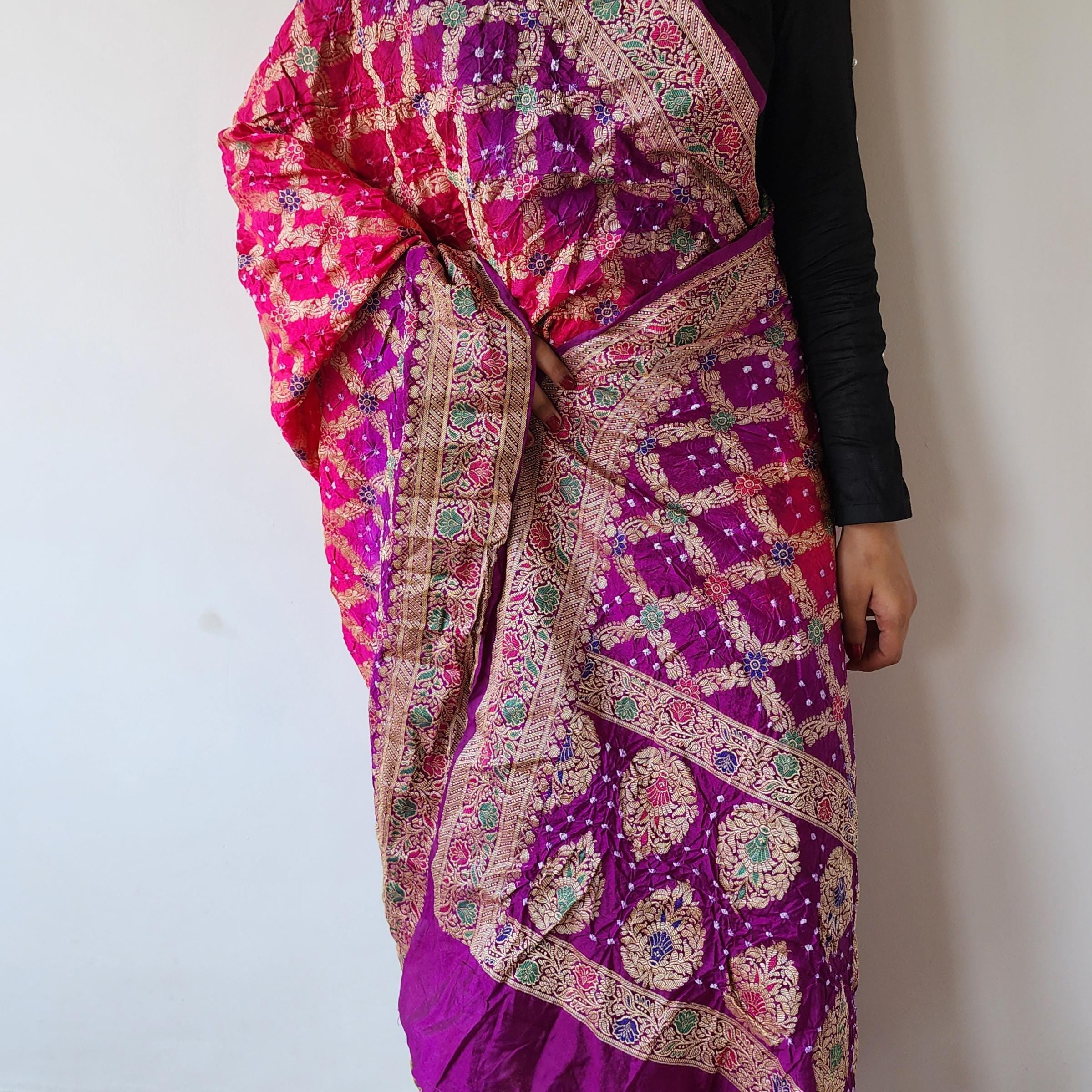 Dual-Tone Rani Pink & Purple Bandhni dupatta with Banarasi Meenakari work