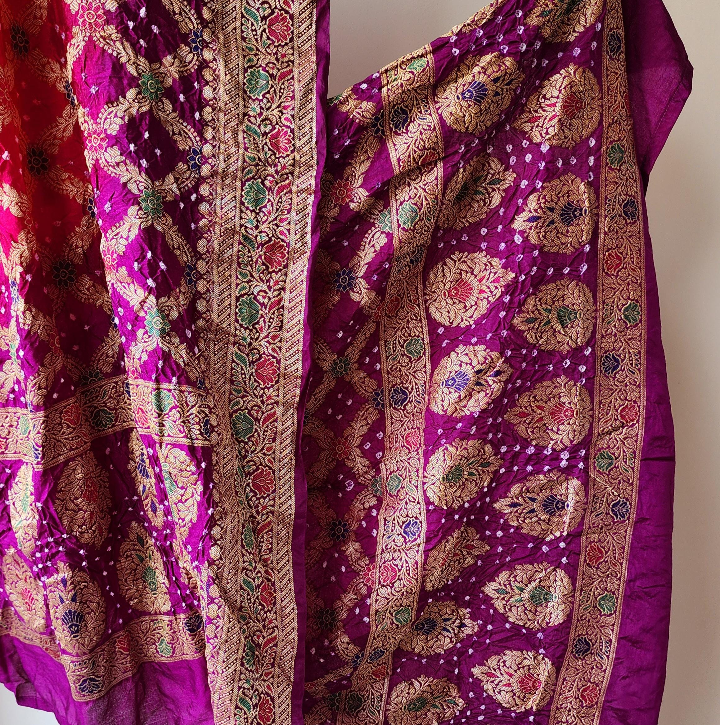 Dual-Tone Rani Pink & Purple Bandhni dupatta with Banarasi Meenakari work