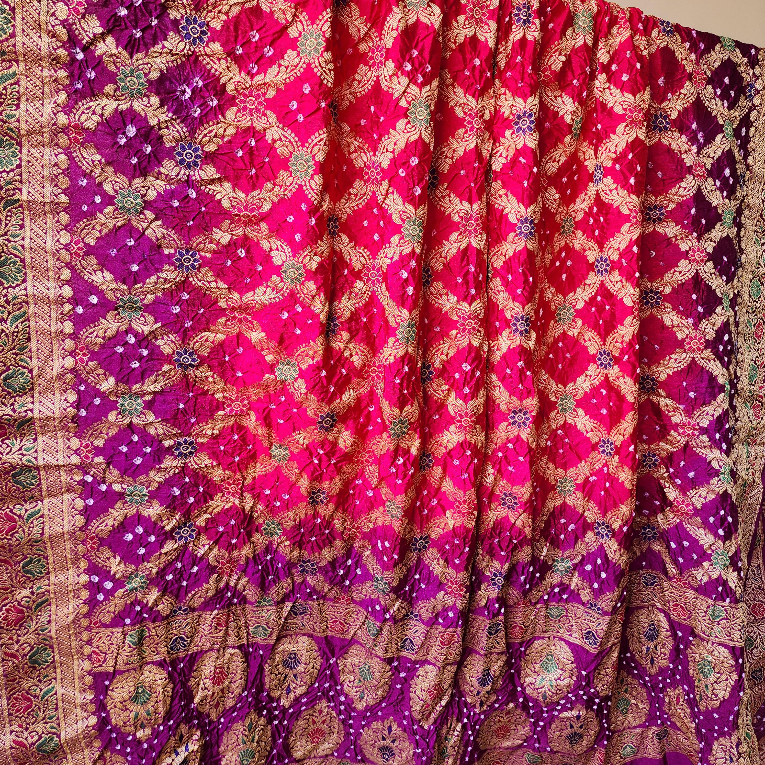 Dual-Tone Rani Pink & Purple Bandhni dupatta with Banarasi Meenakari work