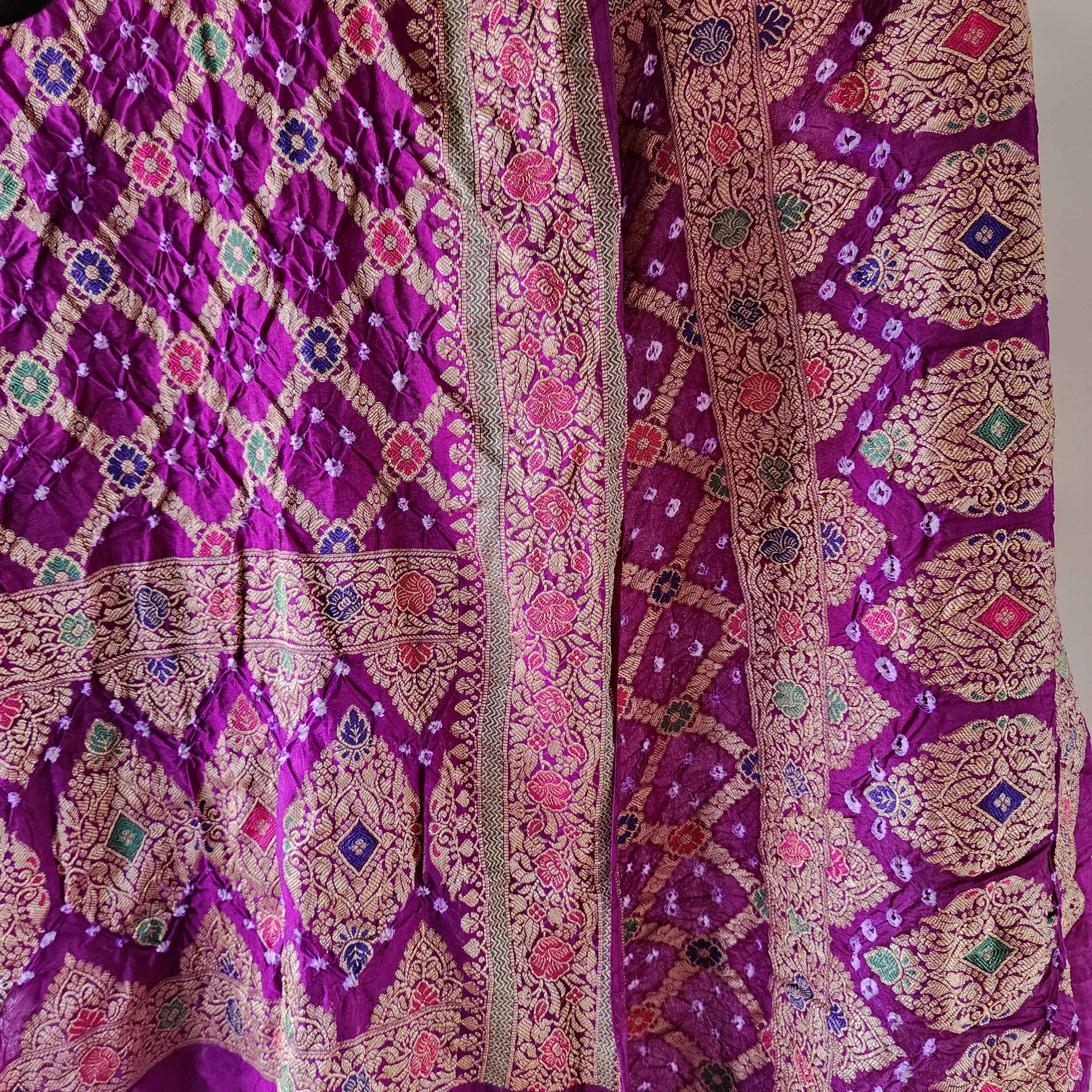 Deep Purple Bandhni dupatta with Banarasi Meenakari work